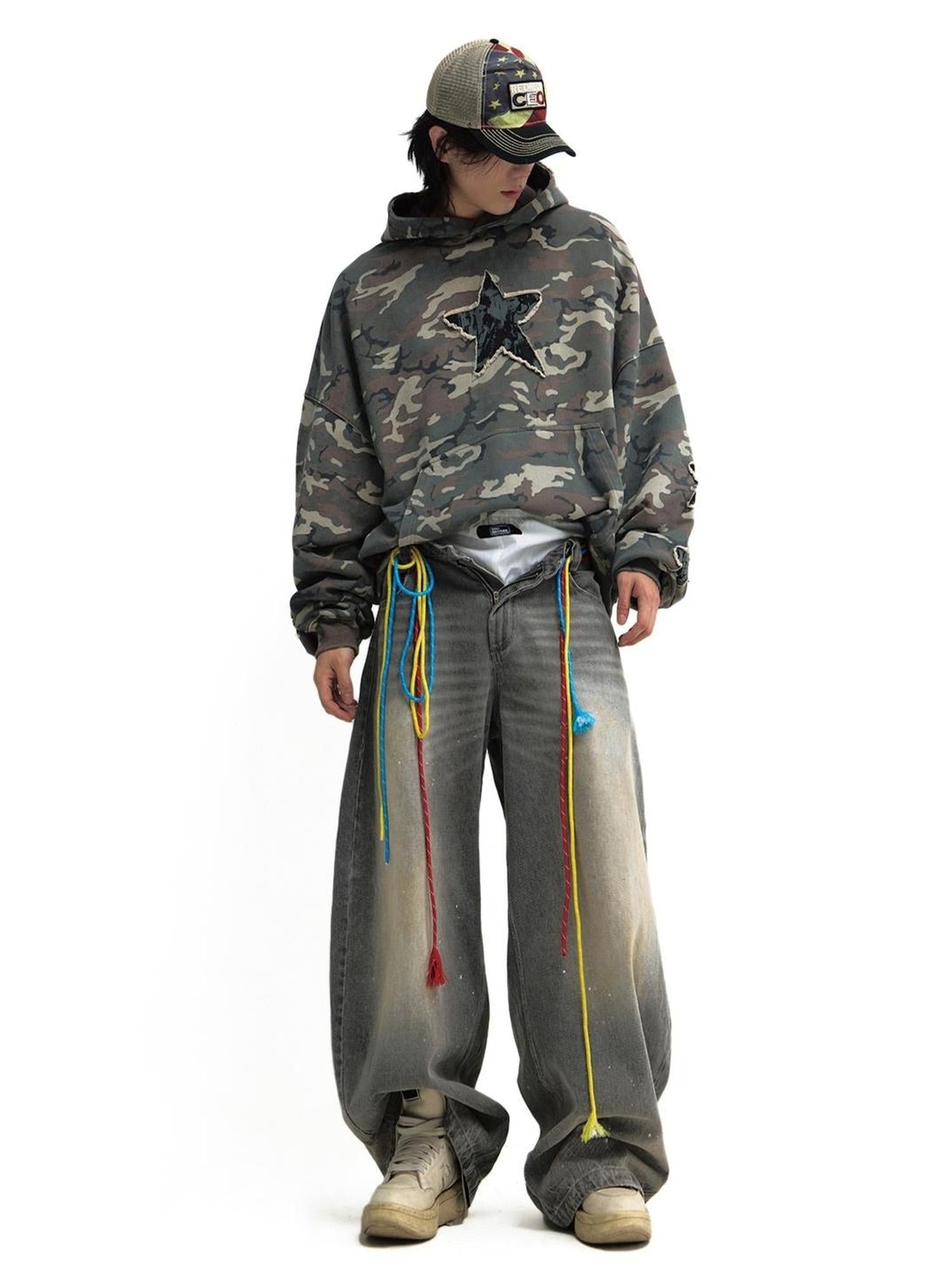 Peoplesense Retro Embroidered Camo Hoodie Unisex Washed Loose Pullover