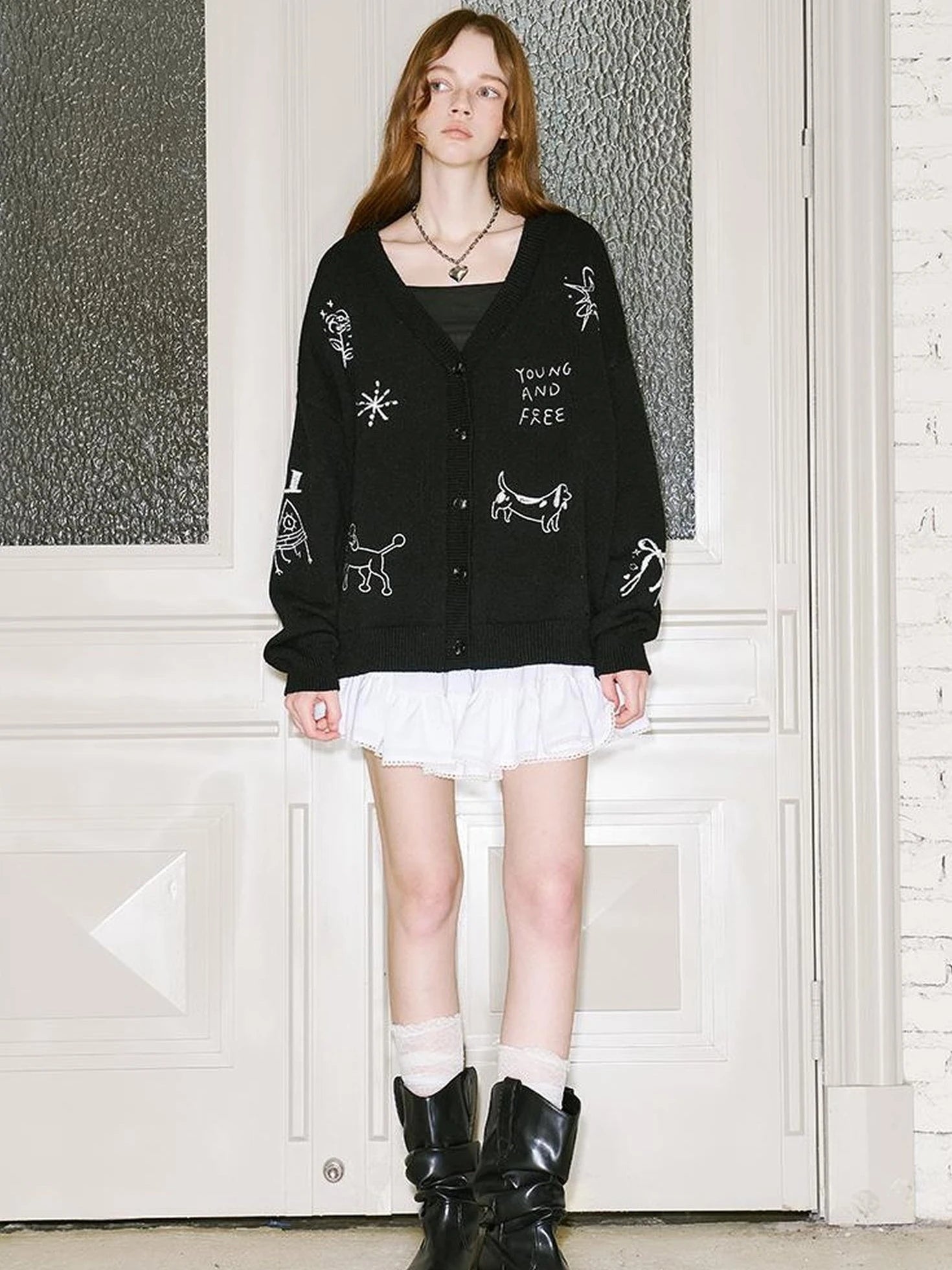 Retro Embroidered Dachshund V Neck Knit Cardigan