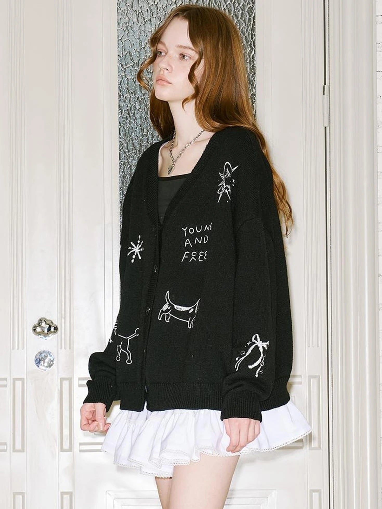 Retro Embroidered Dachshund V Neck Knit Cardigan