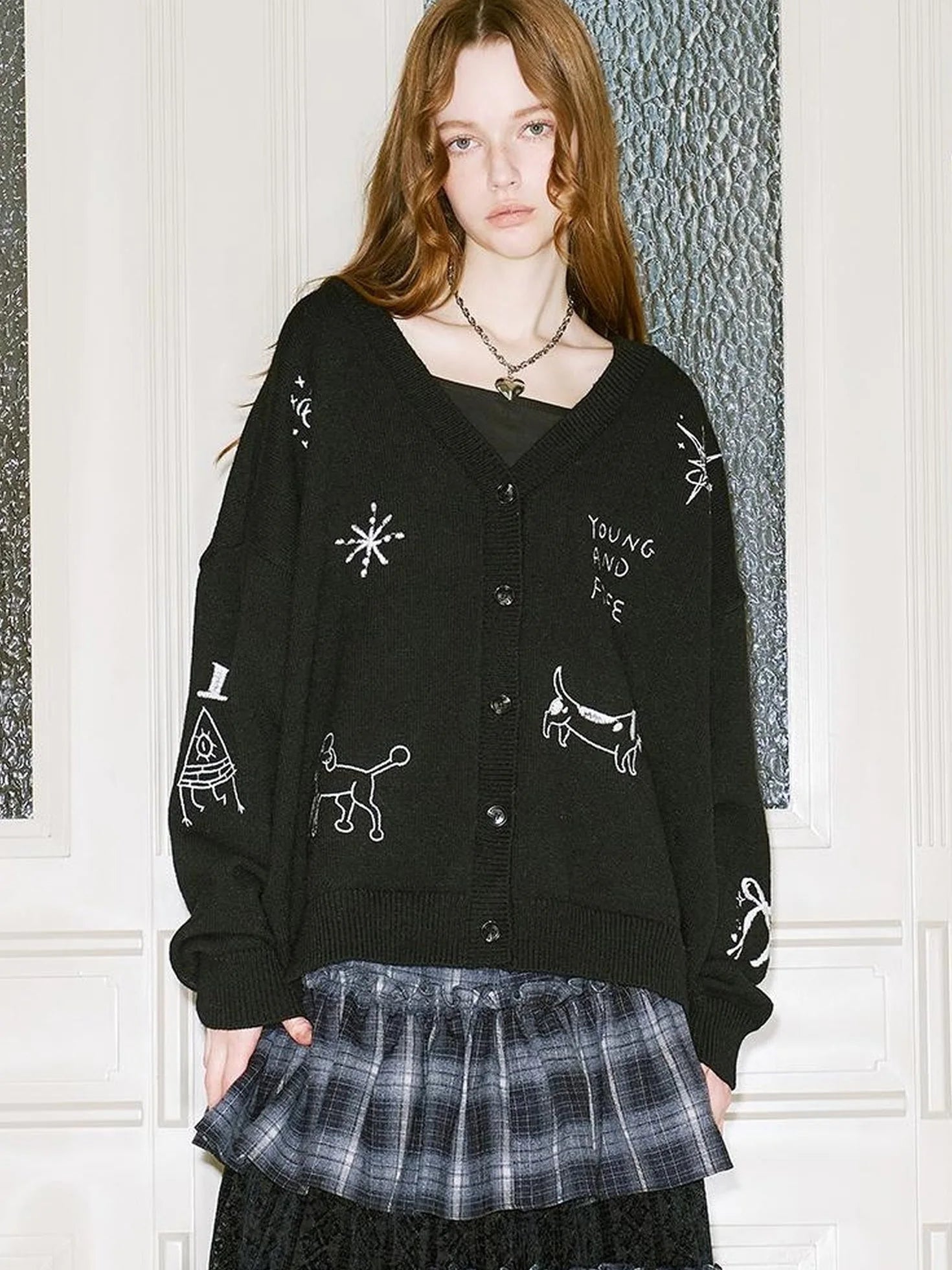 Retro Embroidered Dachshund V Neck Knit Cardigan