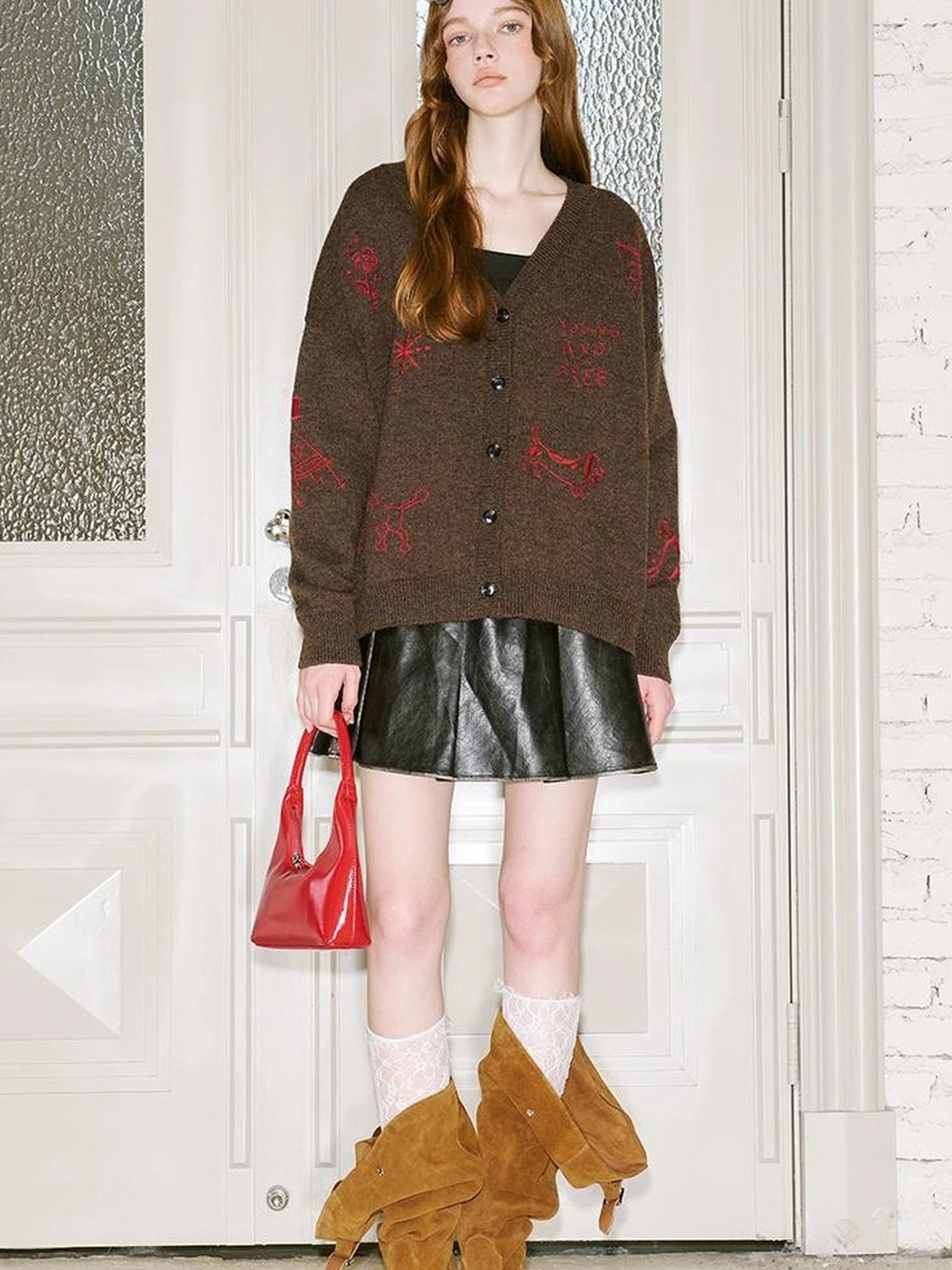 Retro Embroidered Dachshund V Neck Knit Cardigan