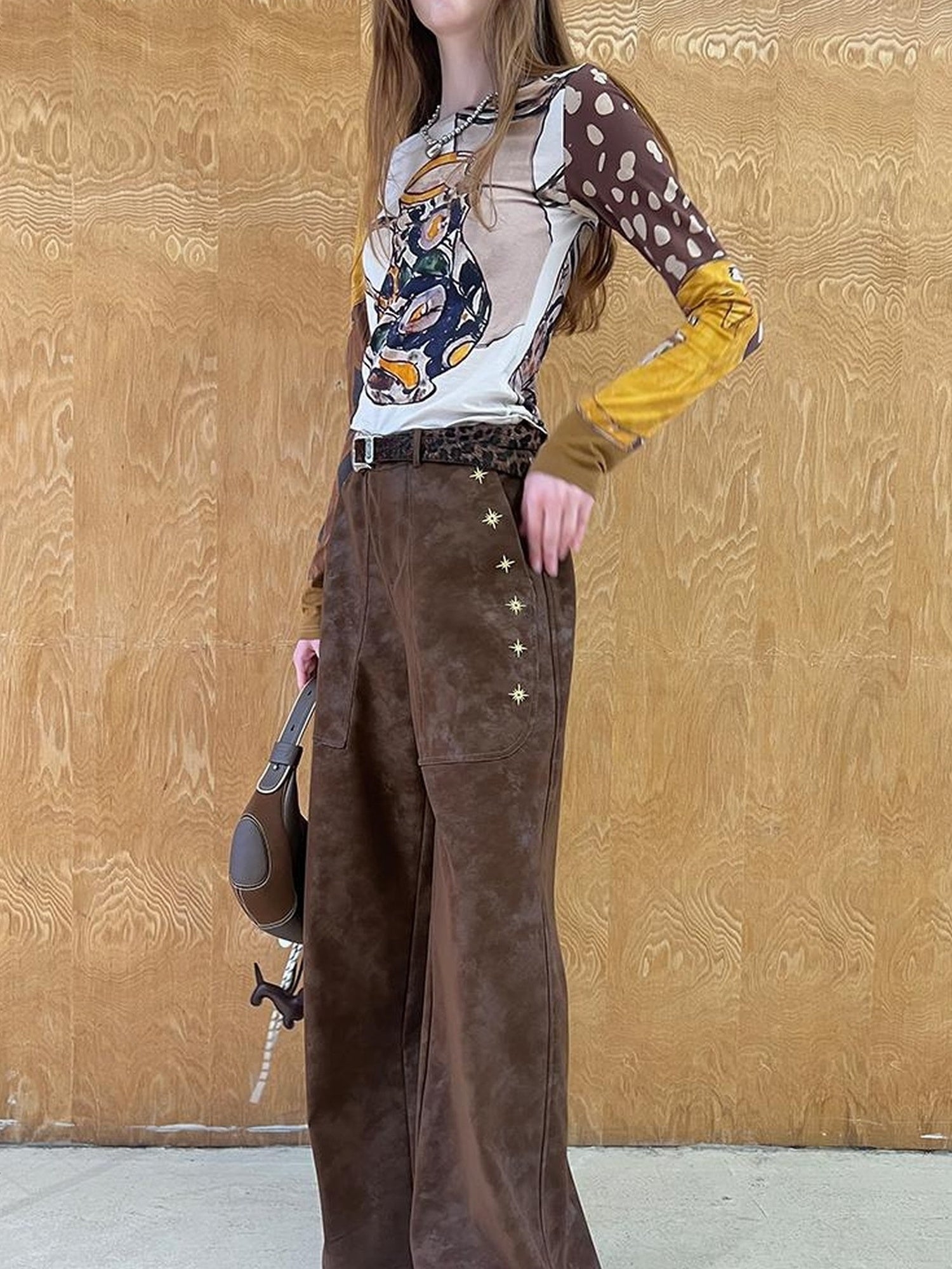 DIDDI MODA Retro Embroidered PU Wide Leg Trousers