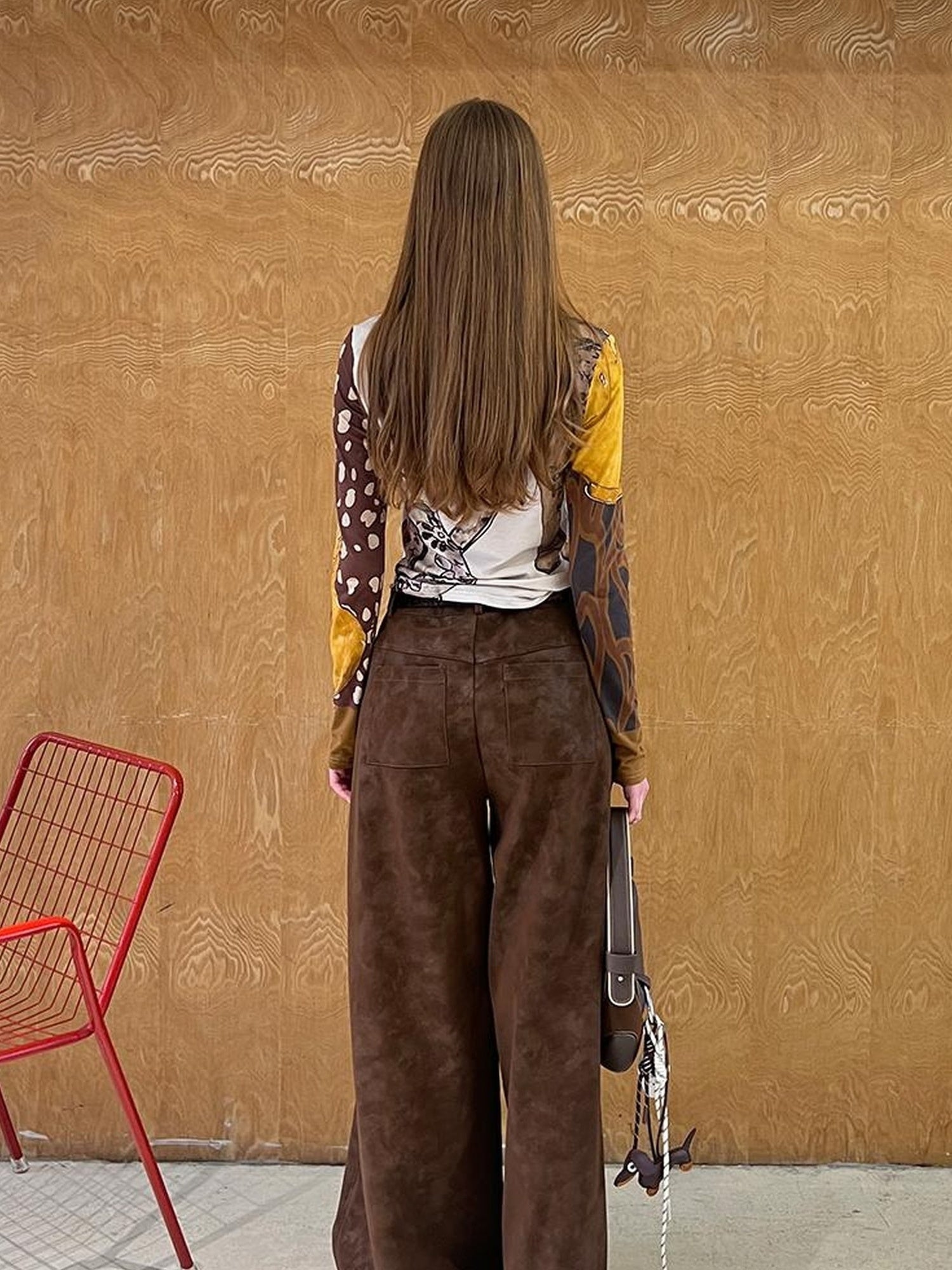 DIDDI MODA Retro Embroidered PU Wide Leg Trousers