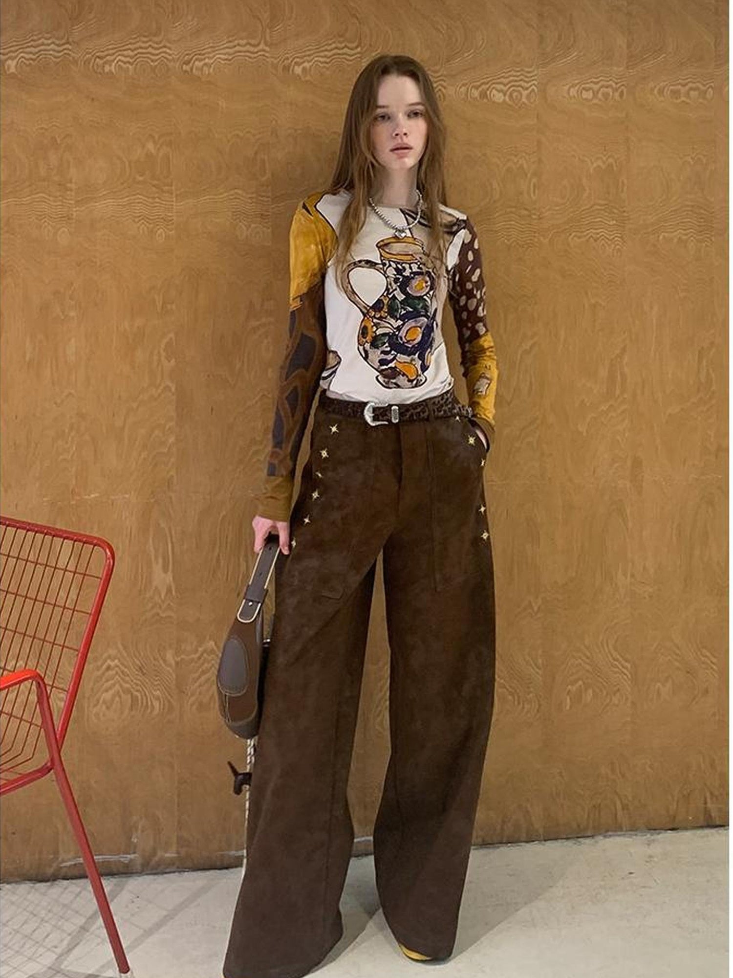 DIDDI MODA Retro Embroidered PU Wide Leg Trousers