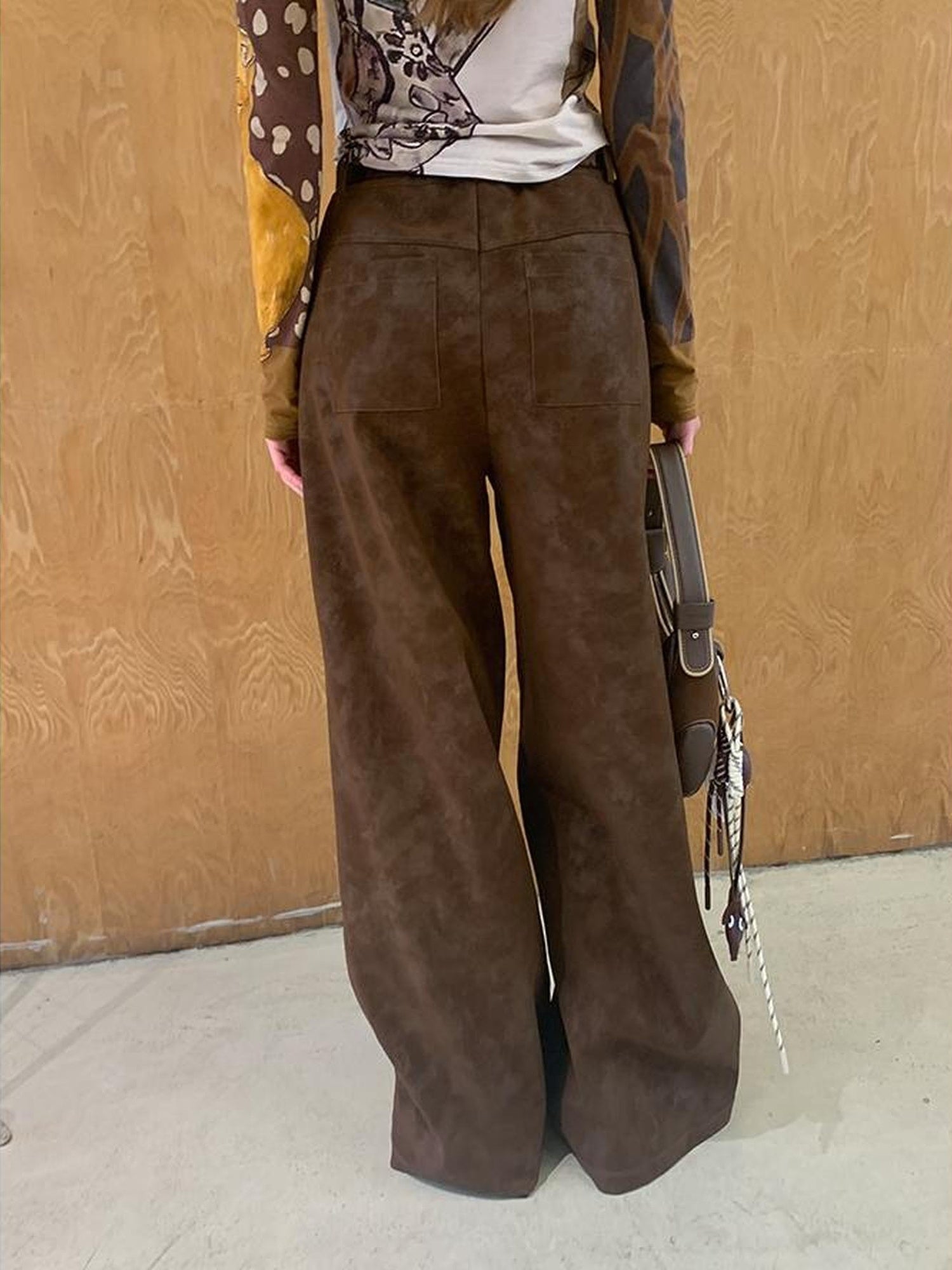 DIDDI MODA Retro Embroidered PU Wide Leg Trousers