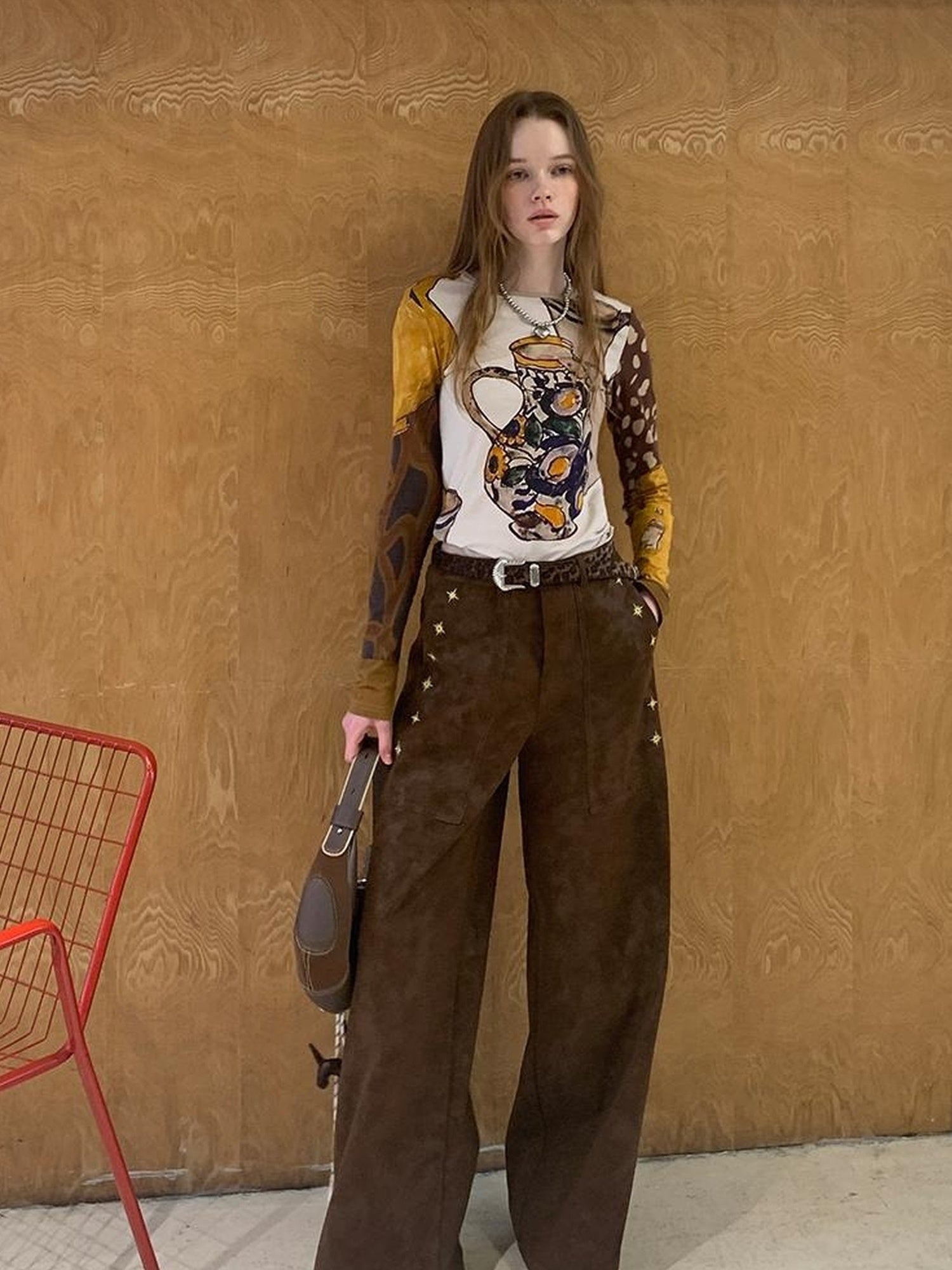 DIDDI MODA Retro Embroidered PU Wide Leg Trousers