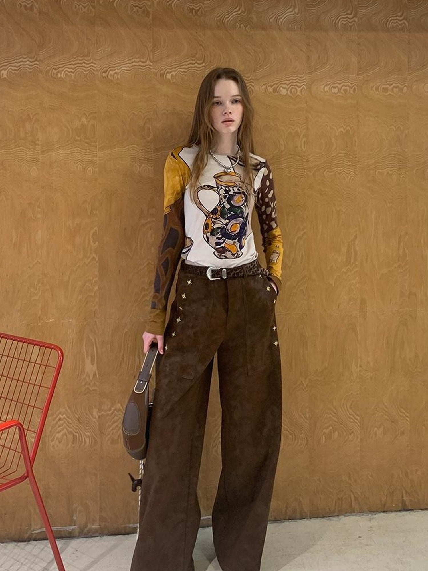 DIDDI MODA Retro Embroidered PU Wide Leg Trousers