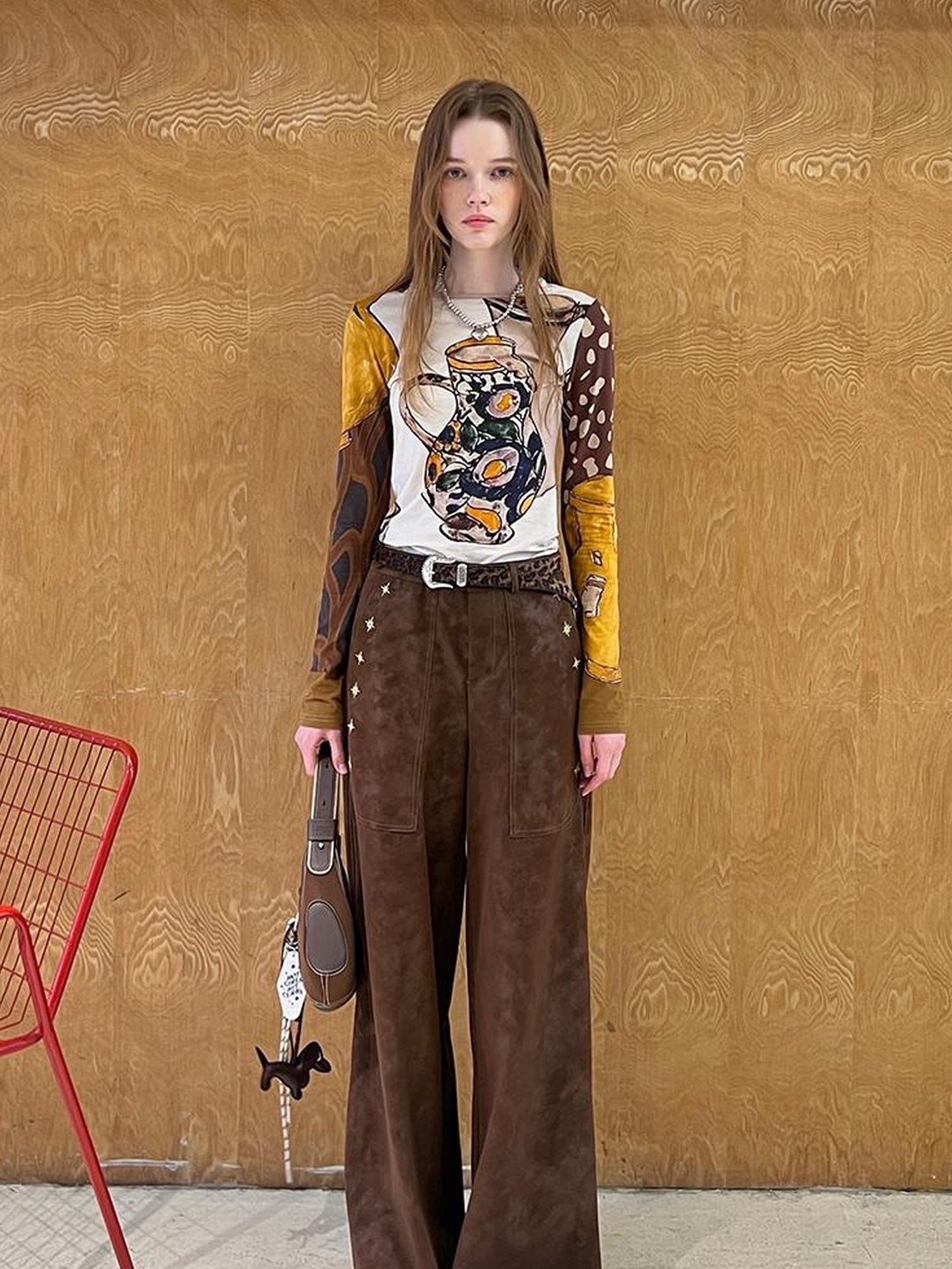 DIDDI MODA Retro Embroidered PU Wide Leg Trousers