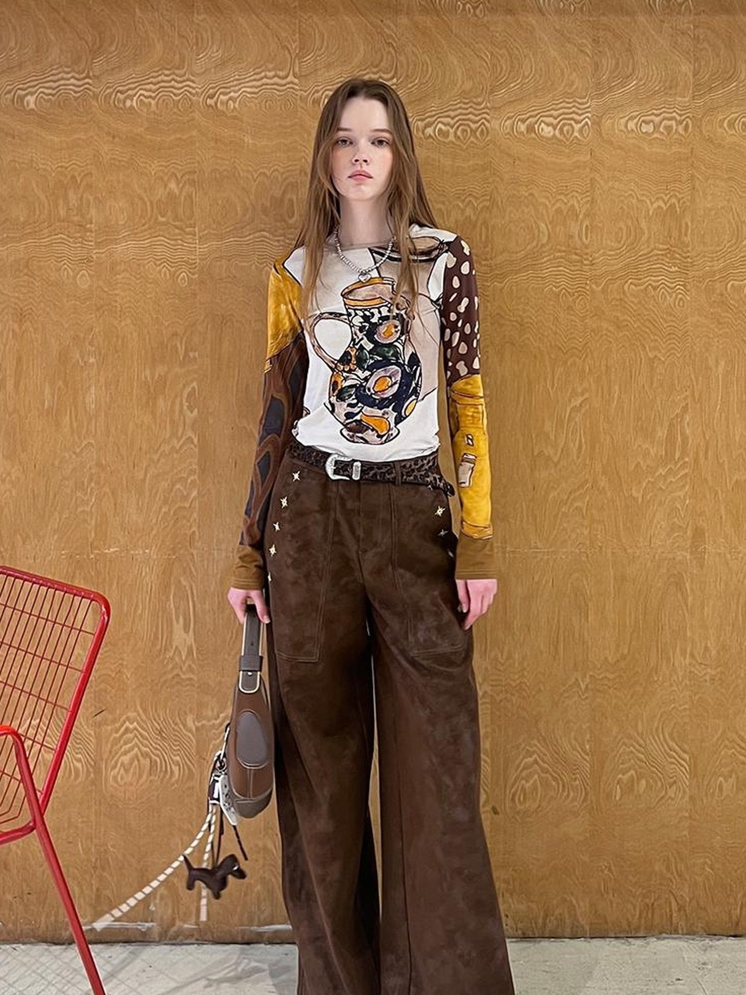 DIDDI MODA Retro Embroidered PU Wide Leg Trousers