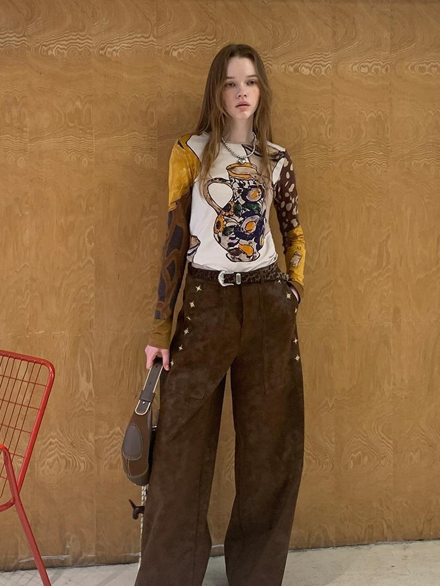 DIDDI MODA Retro Embroidered PU Wide Leg Trousers