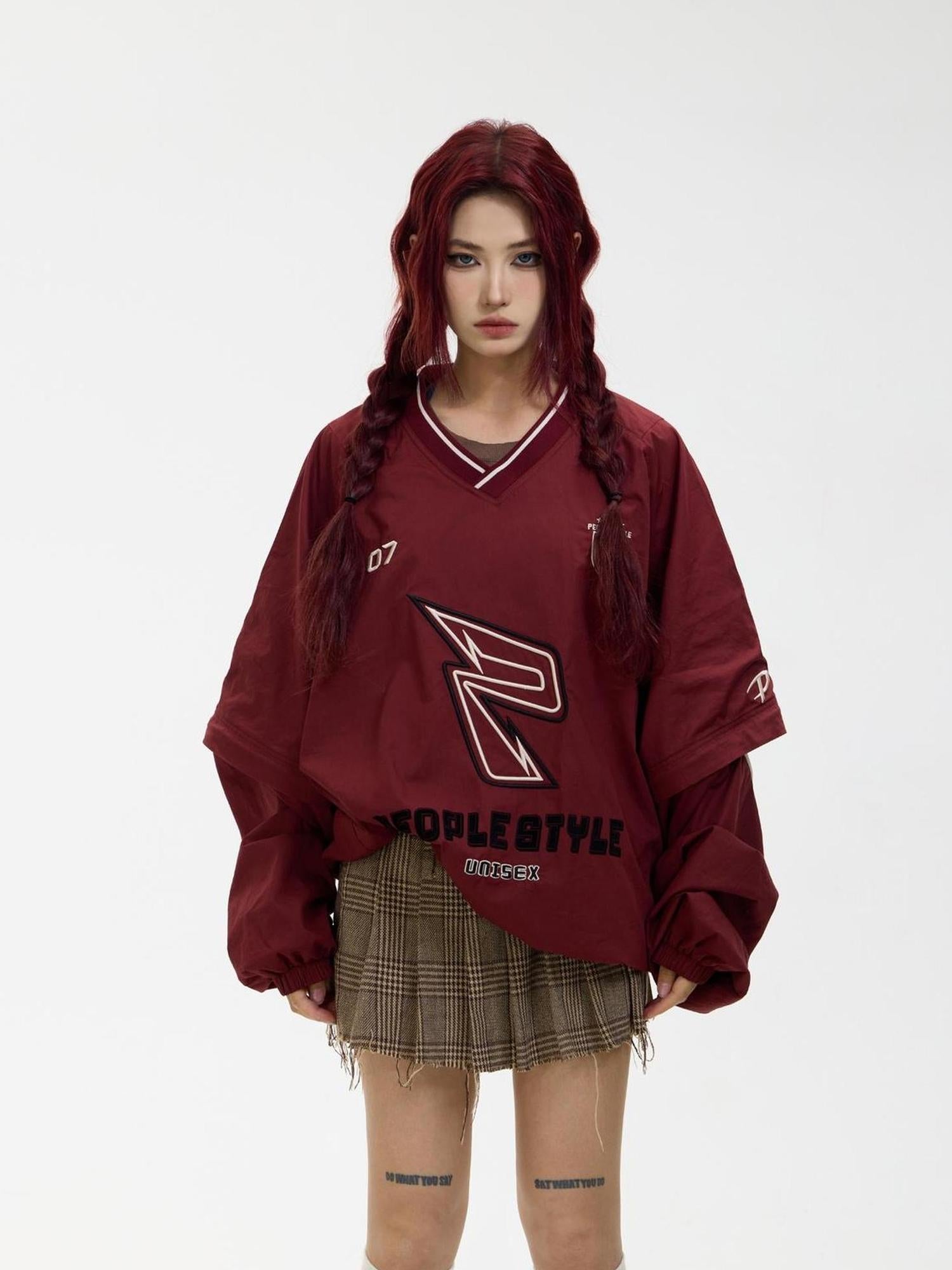 Peoplesense Retro Embroidered V Neck Red Sportswear Unisex Loose Fit Detachable Sleeves