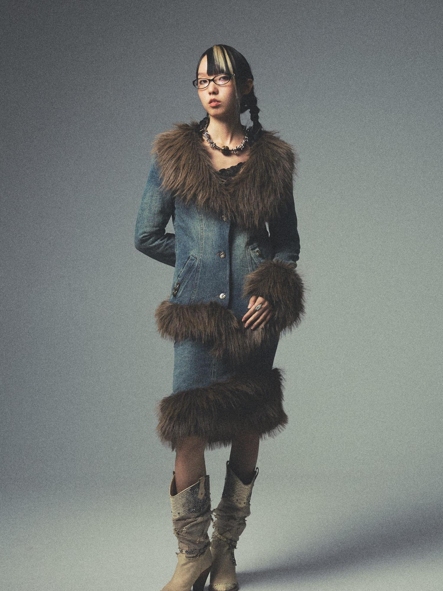 NONAME SPACE Retro Fur Collar Denim Suit With Detachable Perforated Pants And Quilted Lining