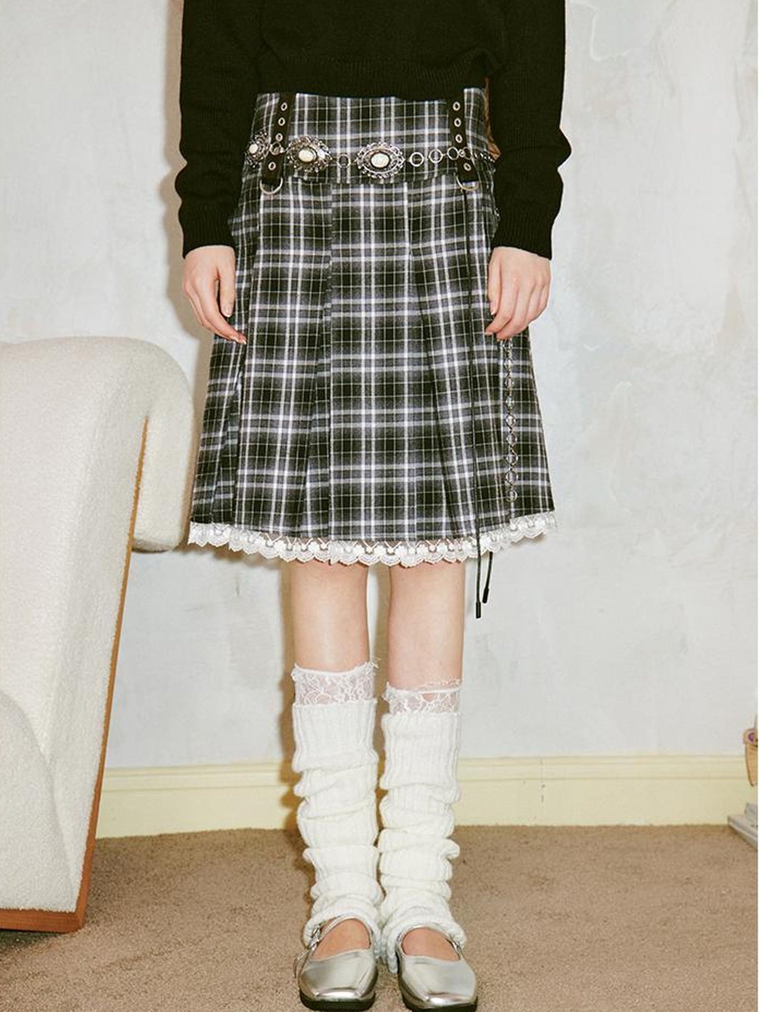 DIDDI MODA Retro Grid Lace Skirt