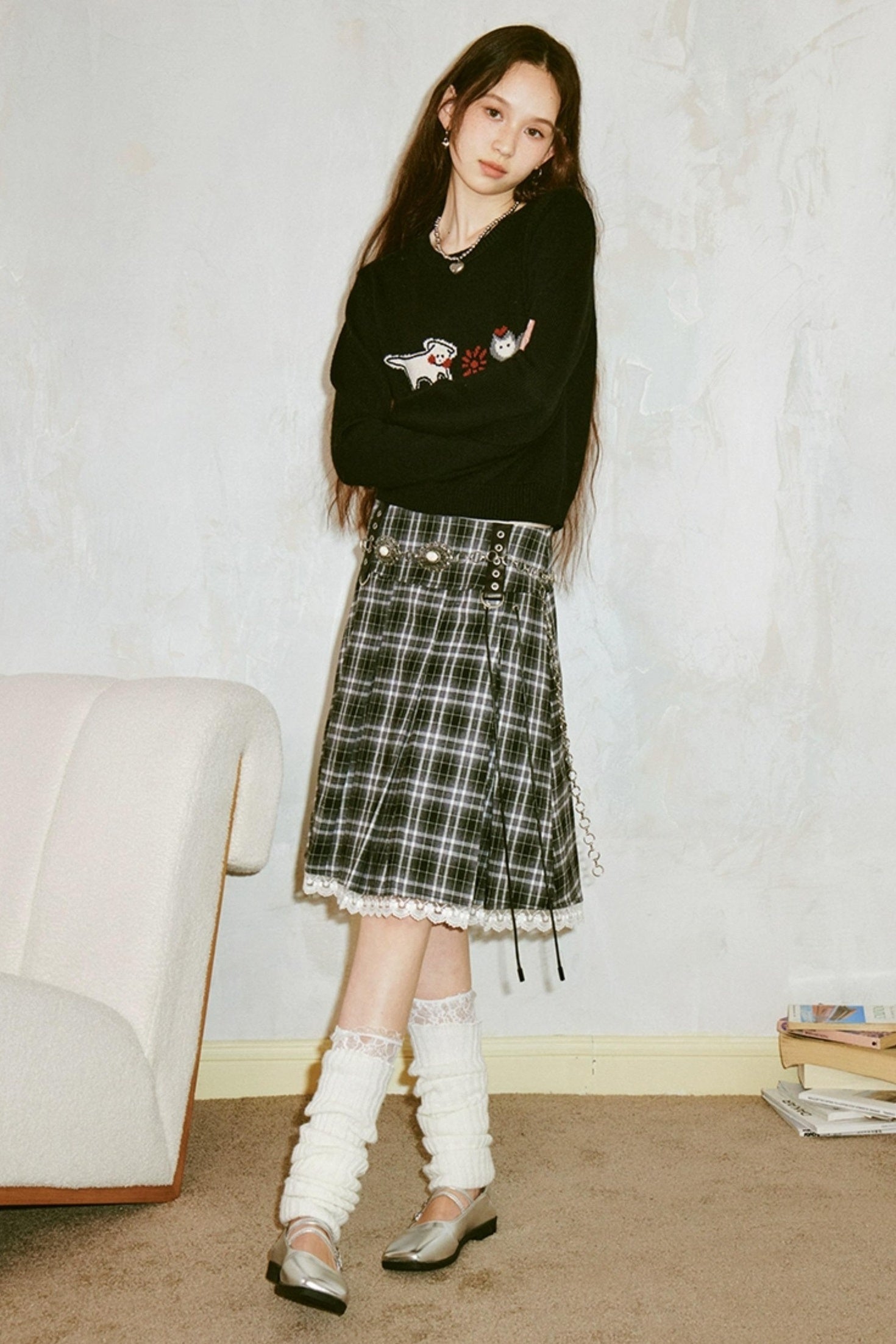 DIDDI MODA Retro Grid Lace Skirt