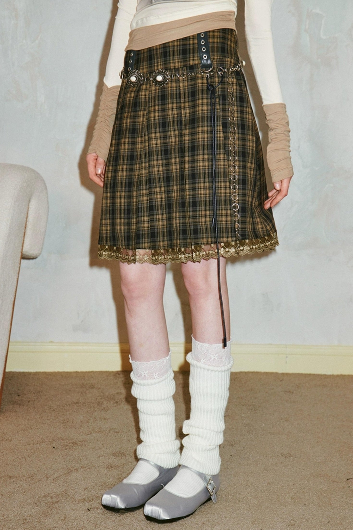 DIDDI MODA Retro Grid Lace Skirt