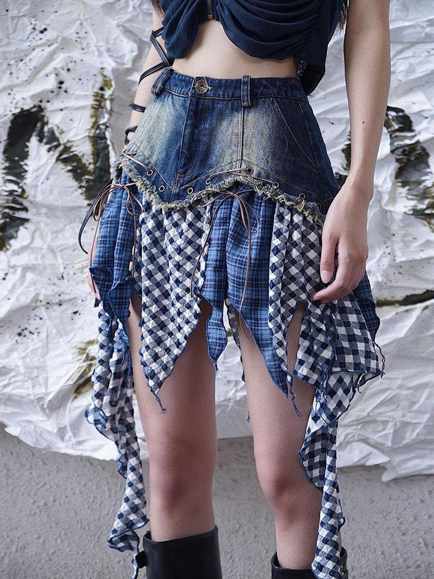 WSW WUSHENWU Retro Guitar Dance Asymmetrical Denim Skirt