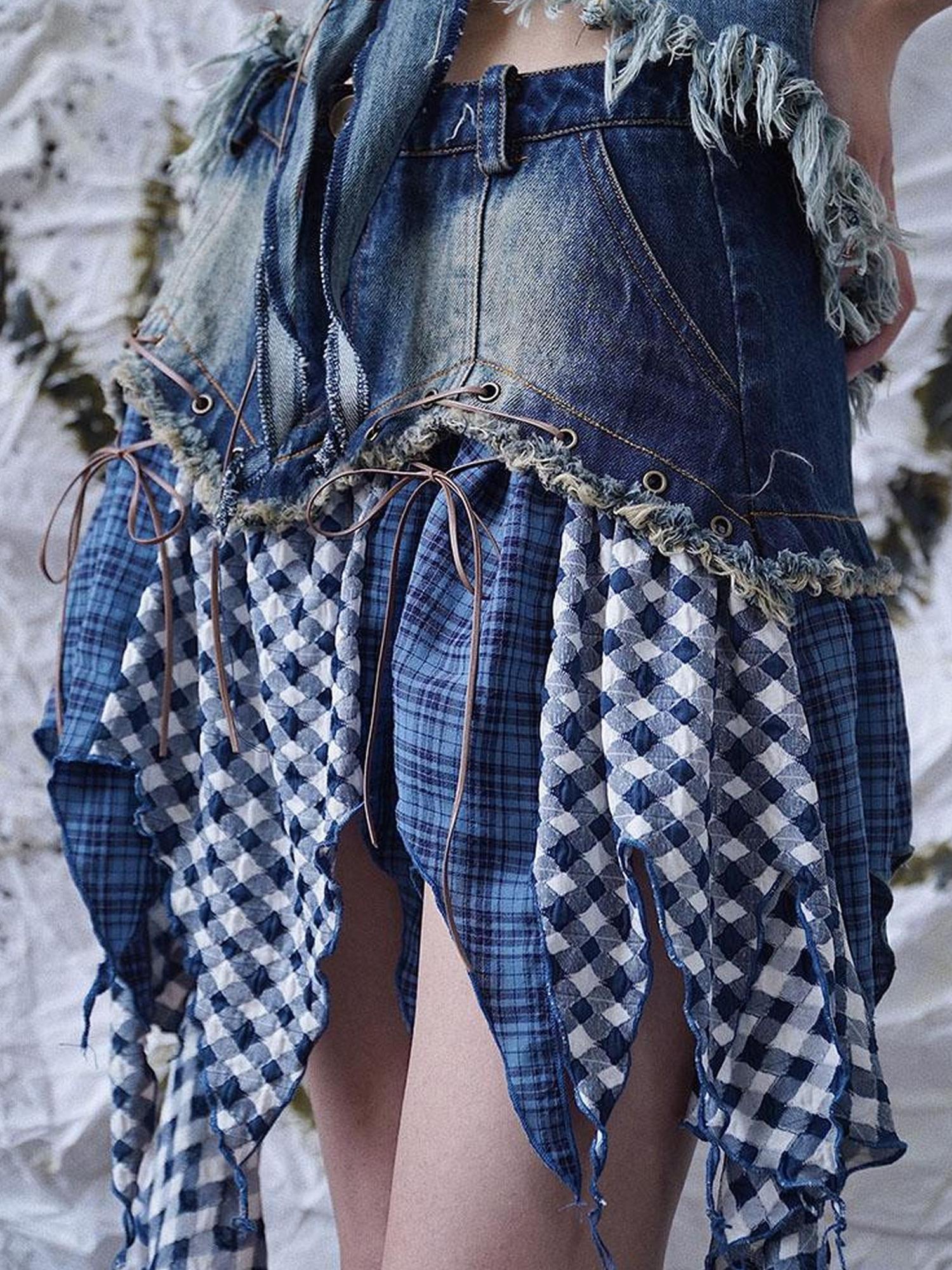 WSW WUSHENWU Retro Guitar Dance Asymmetrical Denim Skirt
