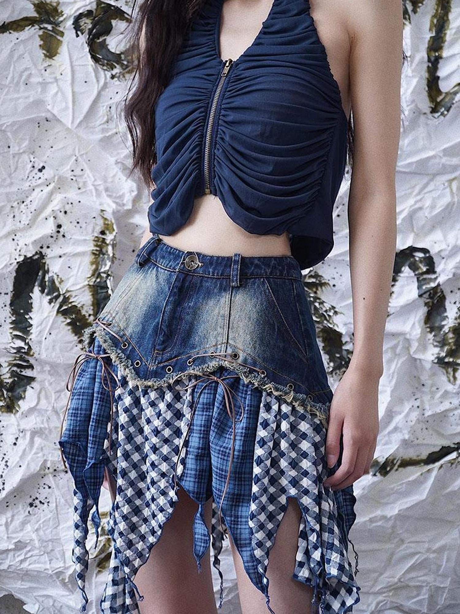 WSW WUSHENWU Retro Guitar Dance Asymmetrical Denim Skirt