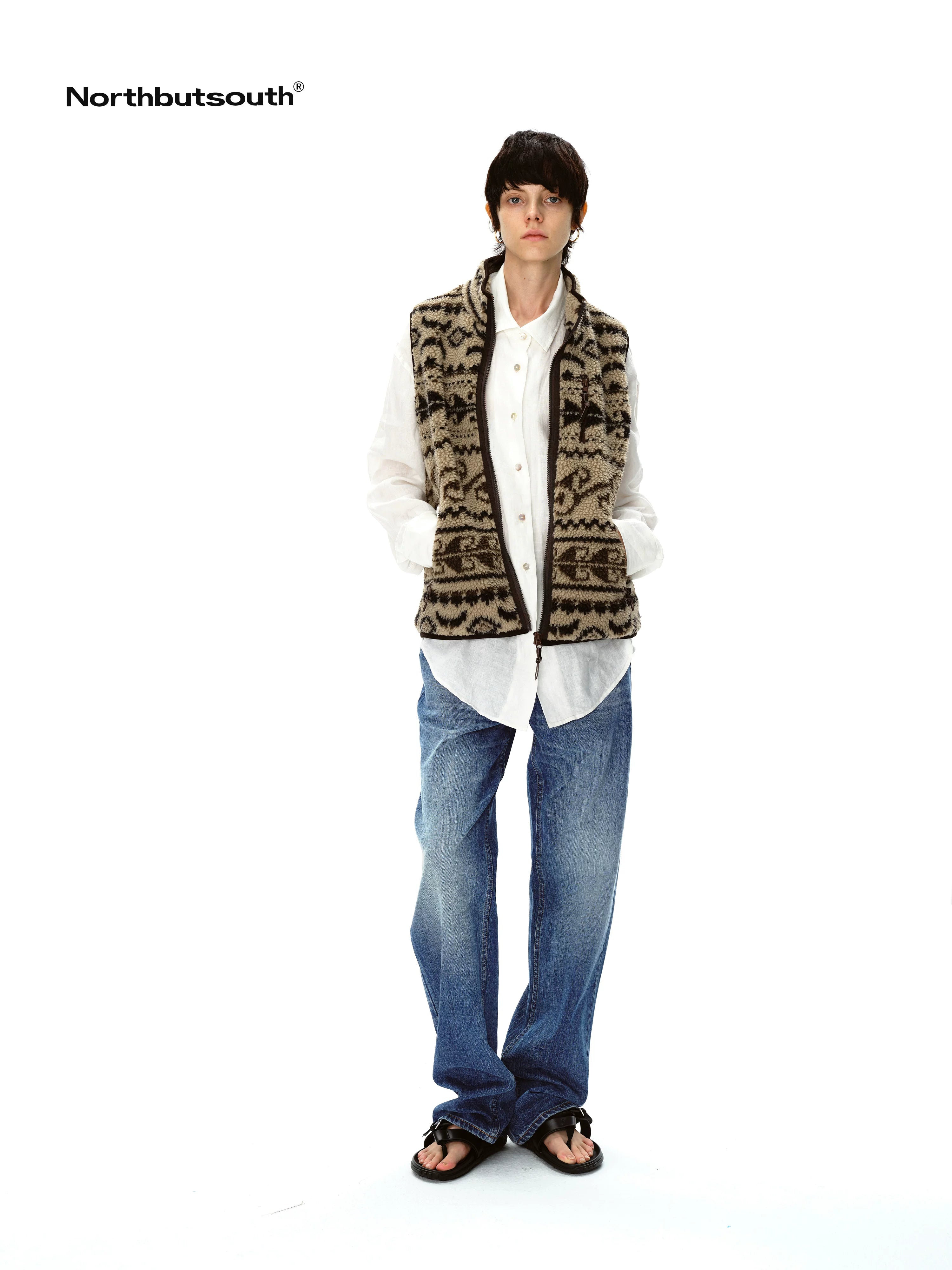 Retro High Neck Fleece Zip Vest With Lamb Wool Pattern