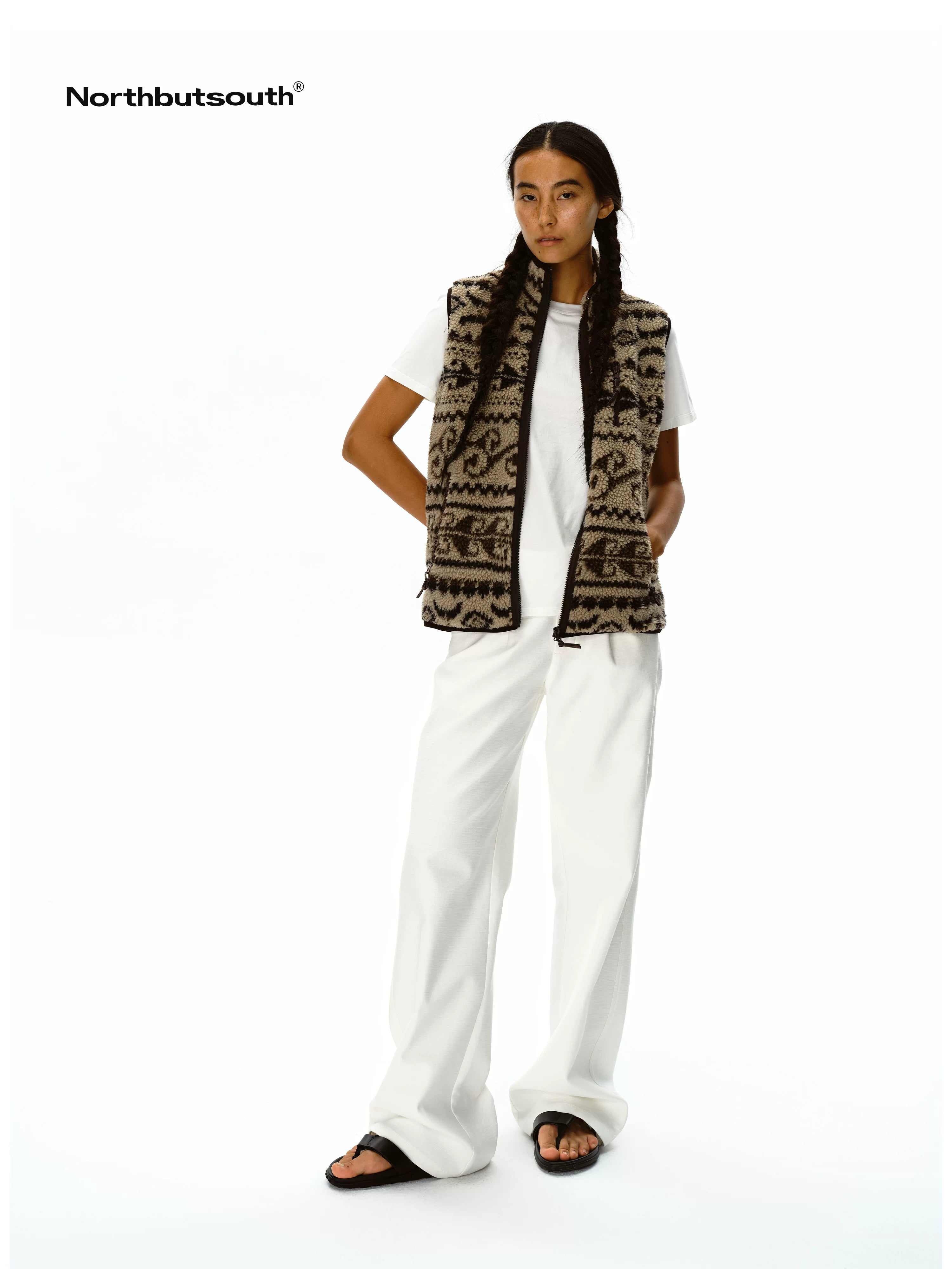 Retro High Neck Fleece Zip Vest With Lamb Wool Pattern