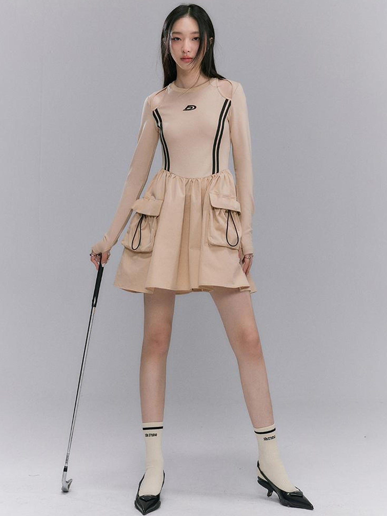 DIDDI MODA Retro Khaki A Line Embroidery Cutout Pocket Dress Sporty Chic