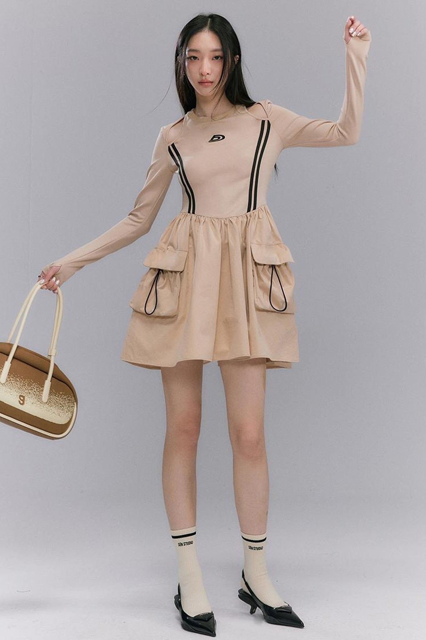 DIDDI MODA Retro Khaki A Line Embroidery Cutout Pocket Dress Sporty Chic