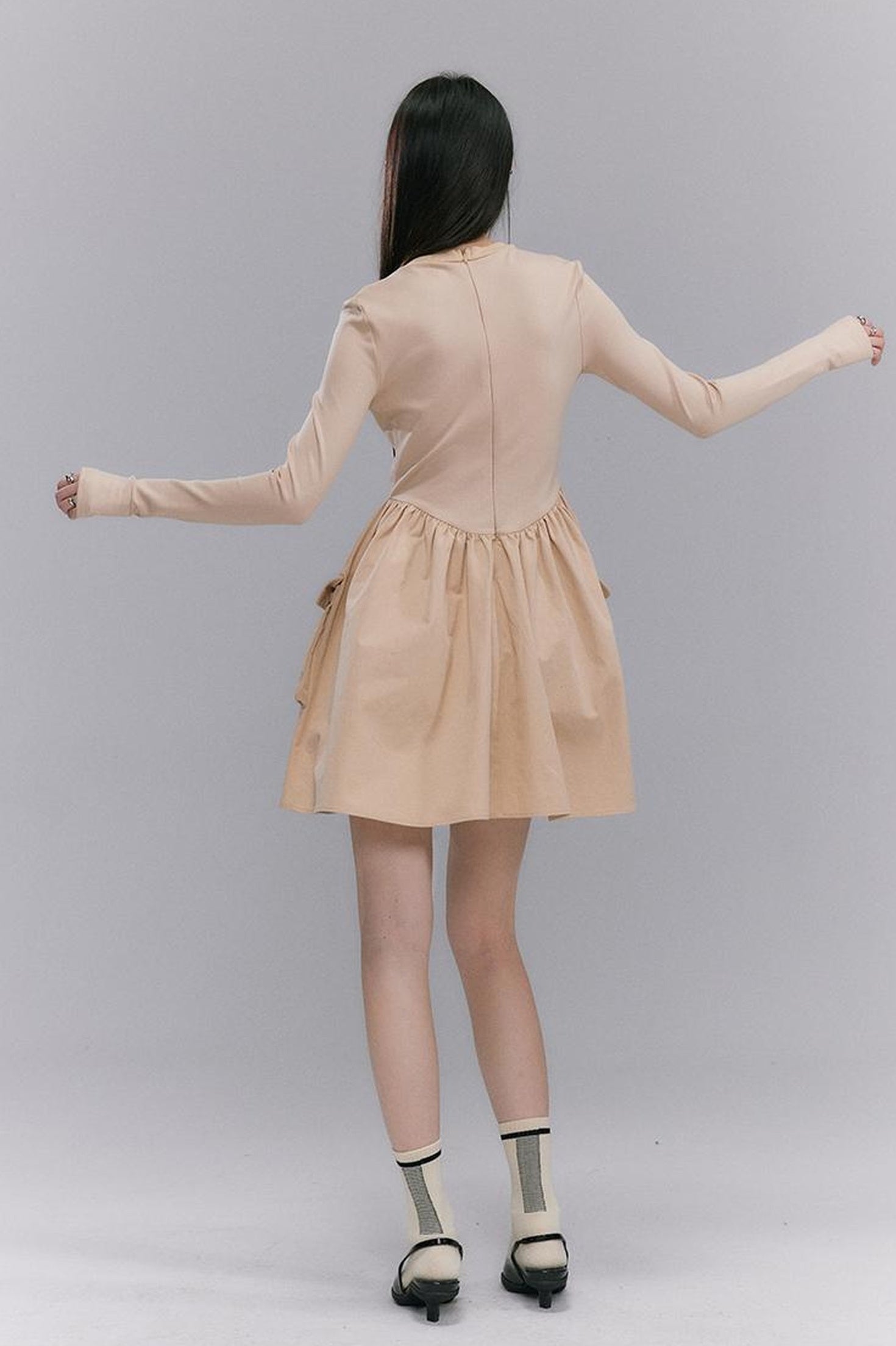 DIDDI MODA Retro Khaki A Line Embroidery Cutout Pocket Dress Sporty Chic