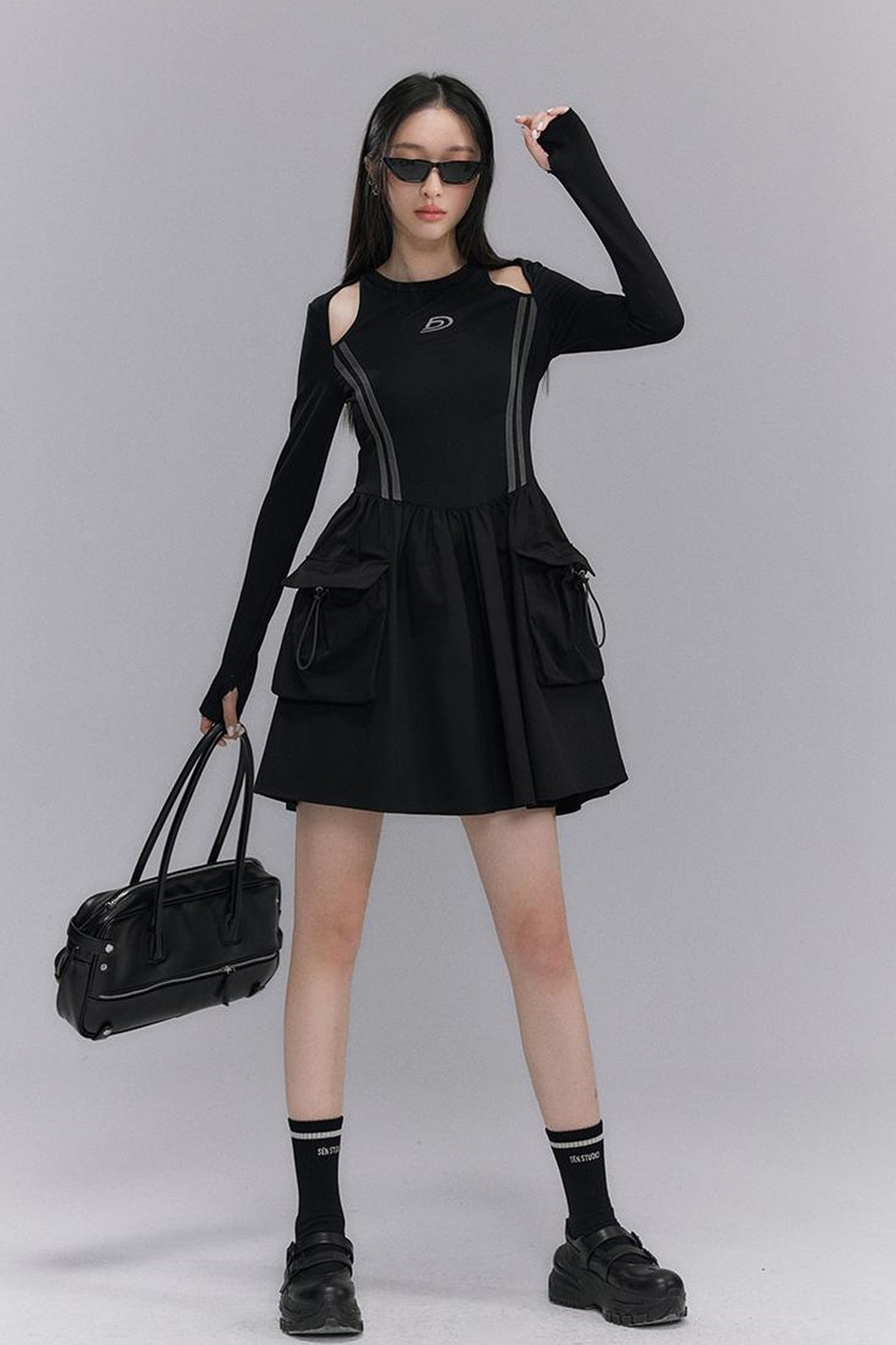 DIDDI MODA Retro Khaki A Line Embroidery Cutout Pocket Dress Sporty Chic