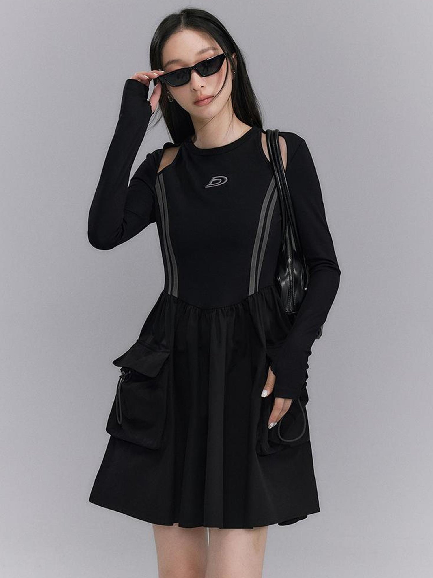 DIDDI MODA Retro Khaki A Line Embroidery Cutout Pocket Dress Sporty Chic