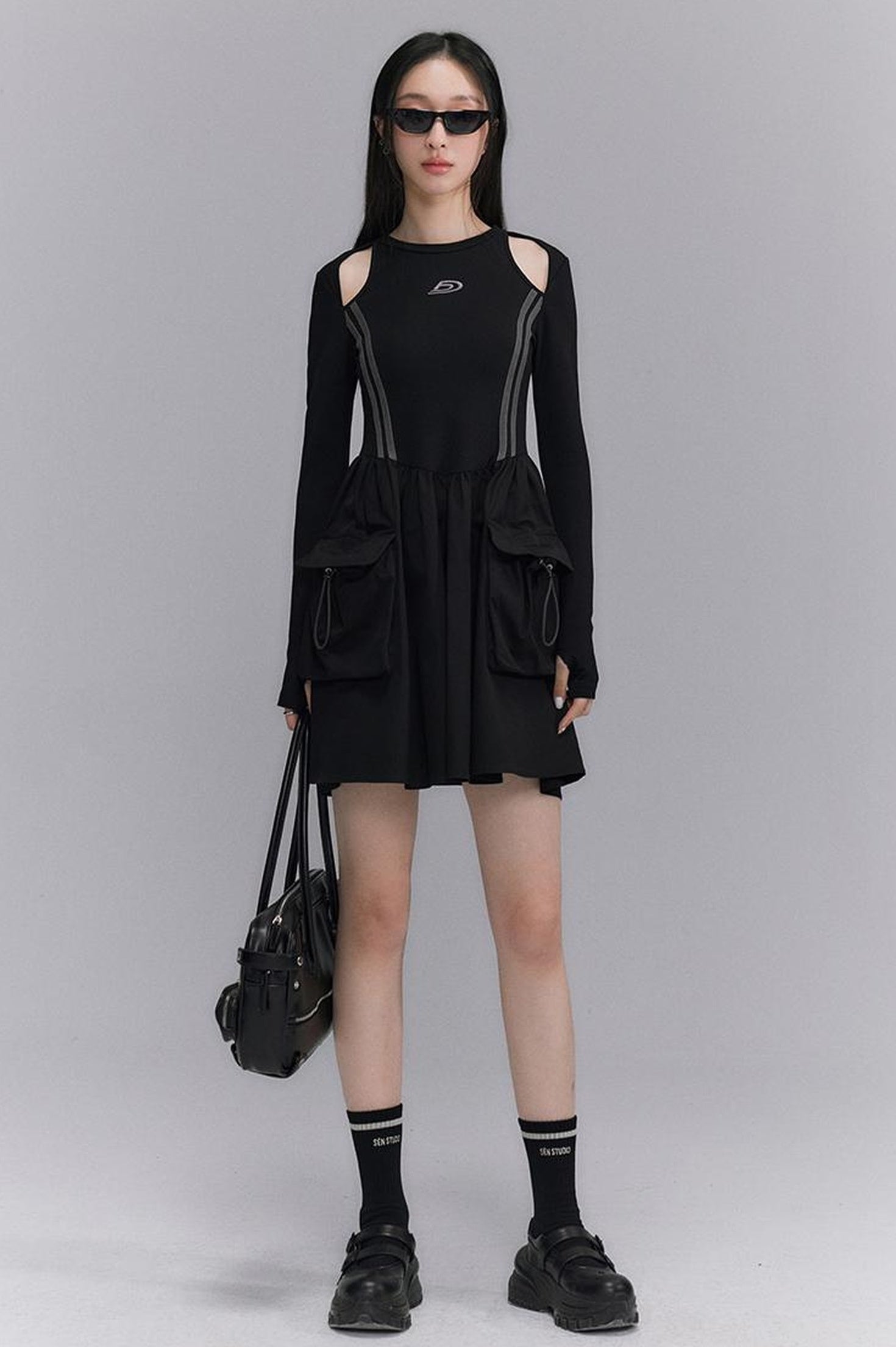 DIDDI MODA Retro Khaki A Line Embroidery Cutout Pocket Dress Sporty Chic