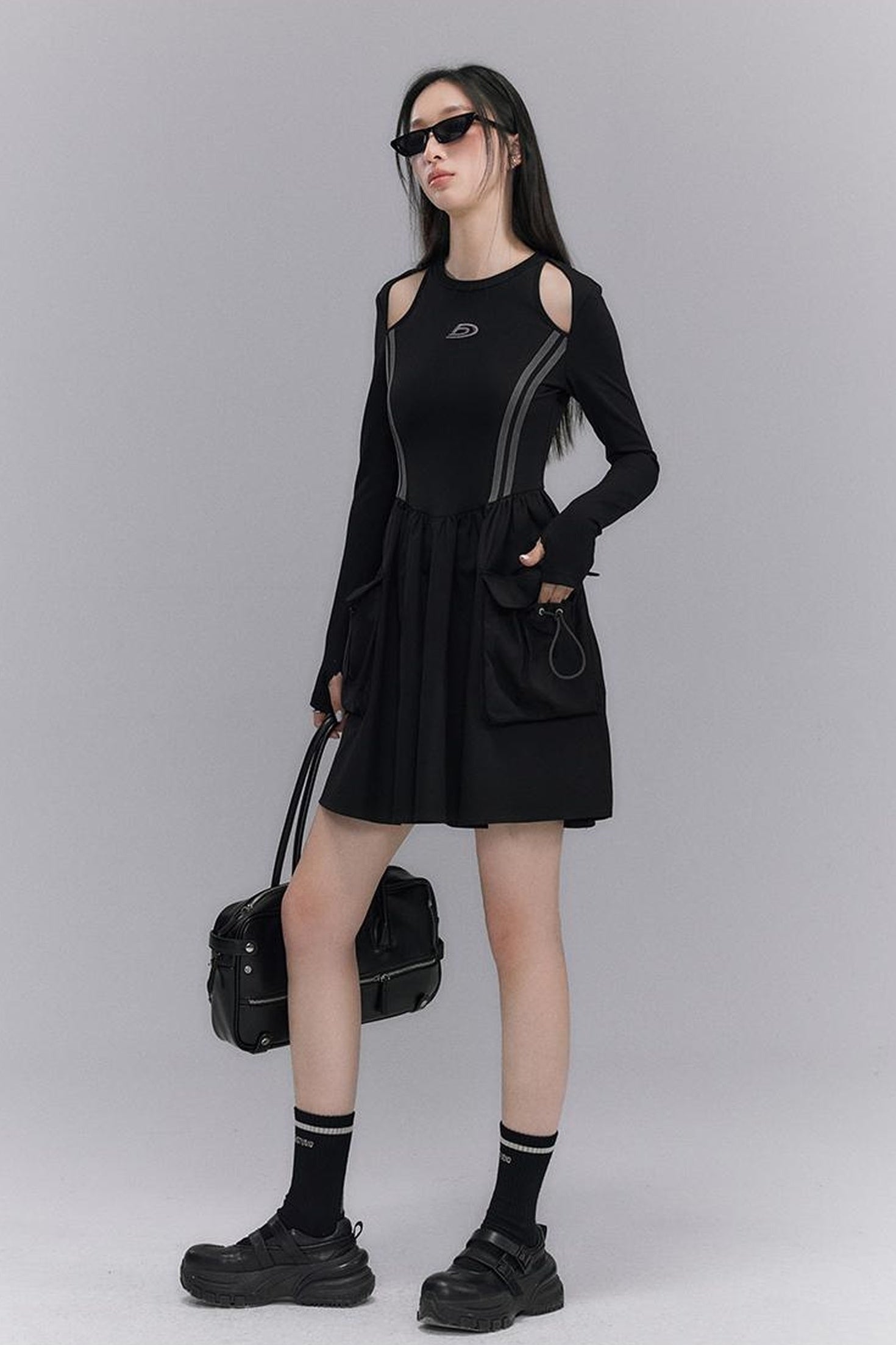 DIDDI MODA Retro Khaki A Line Embroidery Cutout Pocket Dress Sporty Chic