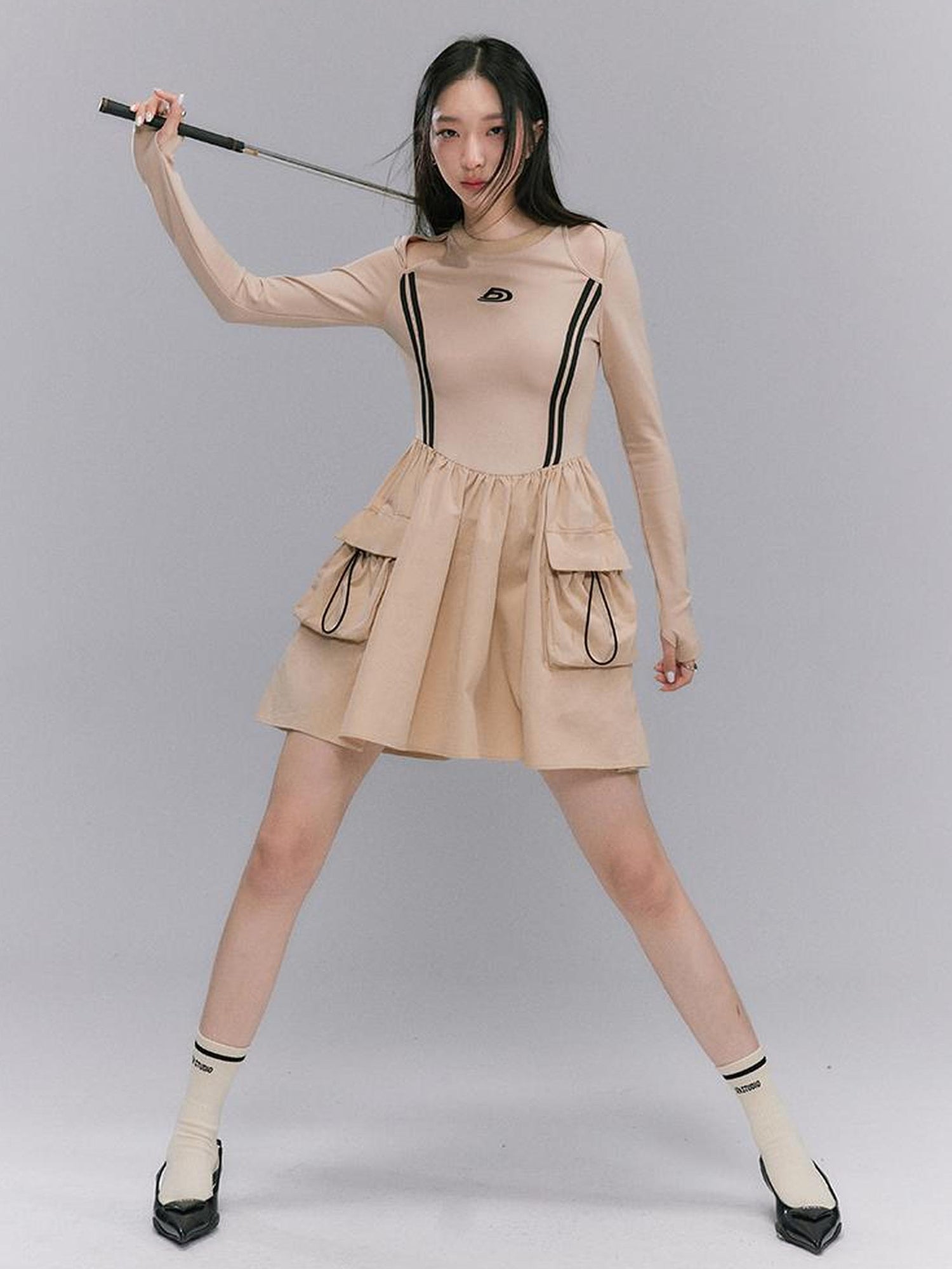 DIDDI MODA Retro Khaki A Line Embroidery Cutout Pocket Dress Sporty Chic