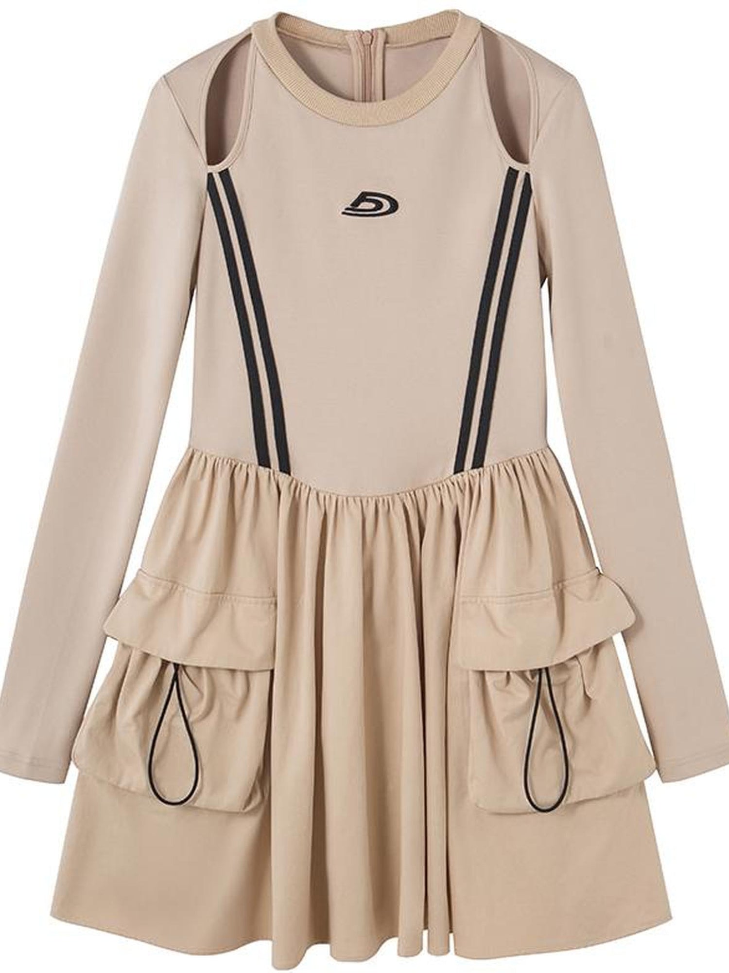 DIDDI MODA Retro Khaki A Line Embroidery Cutout Pocket Dress Sporty Chic