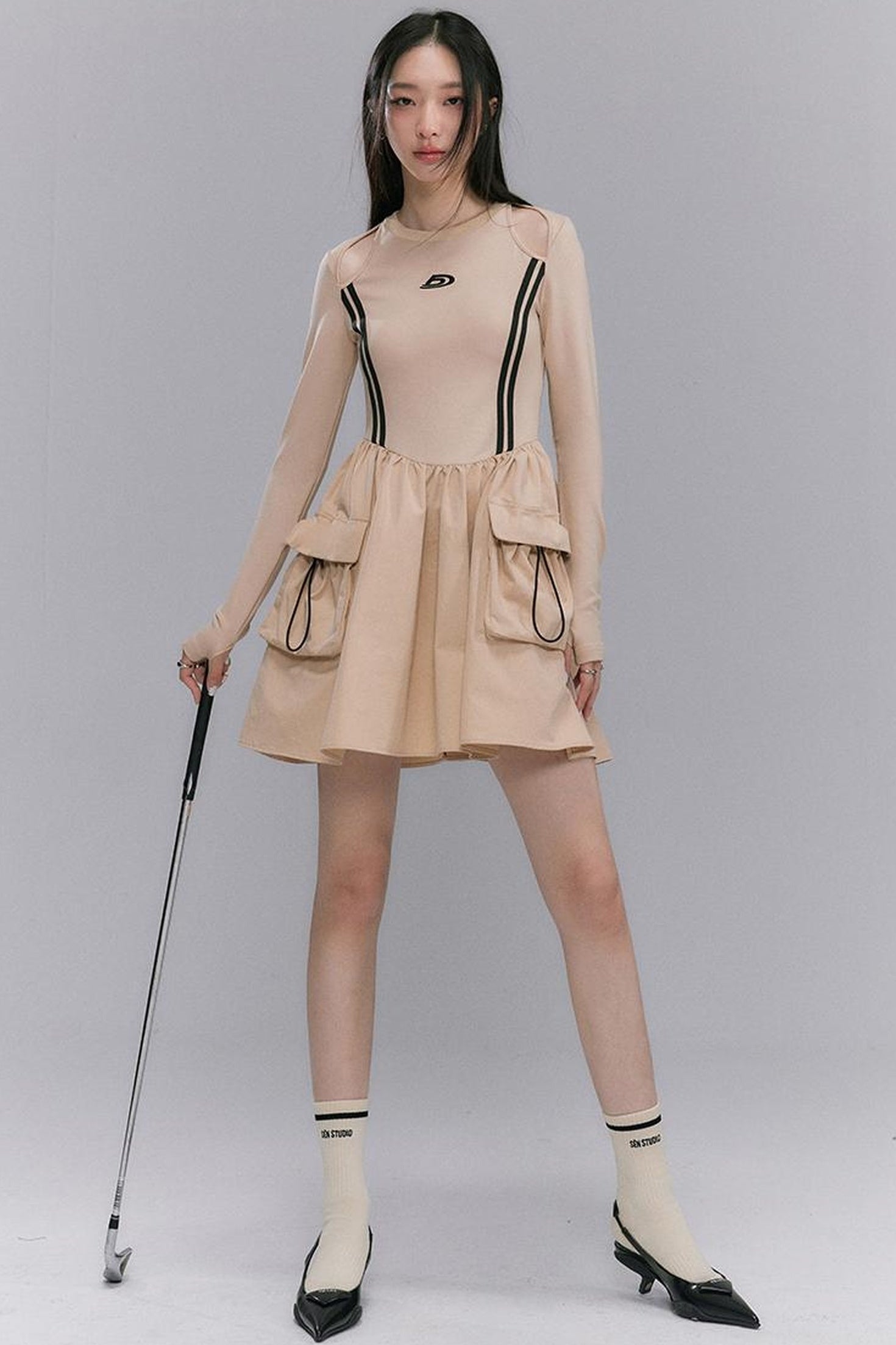 DIDDI MODA Retro Khaki A Line Embroidery Cutout Pocket Dress Sporty Chic