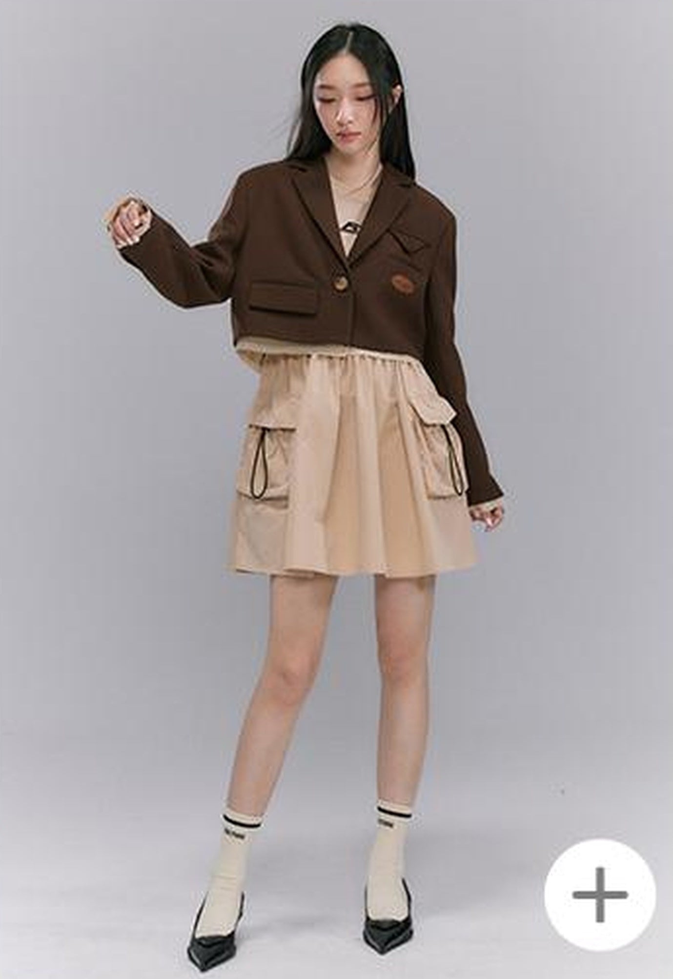 DIDDI MODA Retro Khaki A Line Embroidery Cutout Pocket Dress Sporty Chic