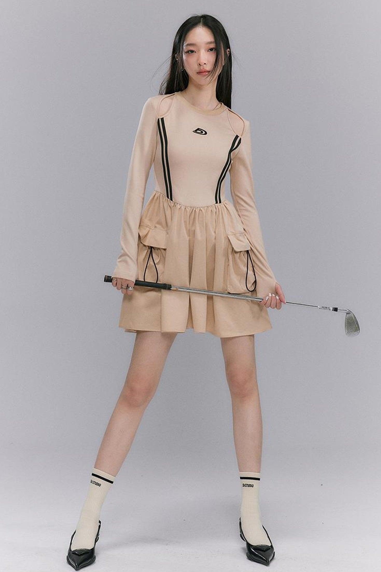 DIDDI MODA Retro Khaki A Line Embroidery Cutout Pocket Dress Sporty Chic