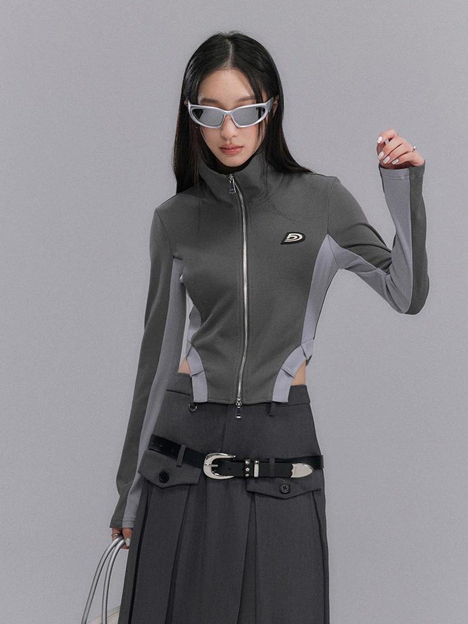 DIDDI MODA Retro Knit Zip Up Crop Top With Color Blocking