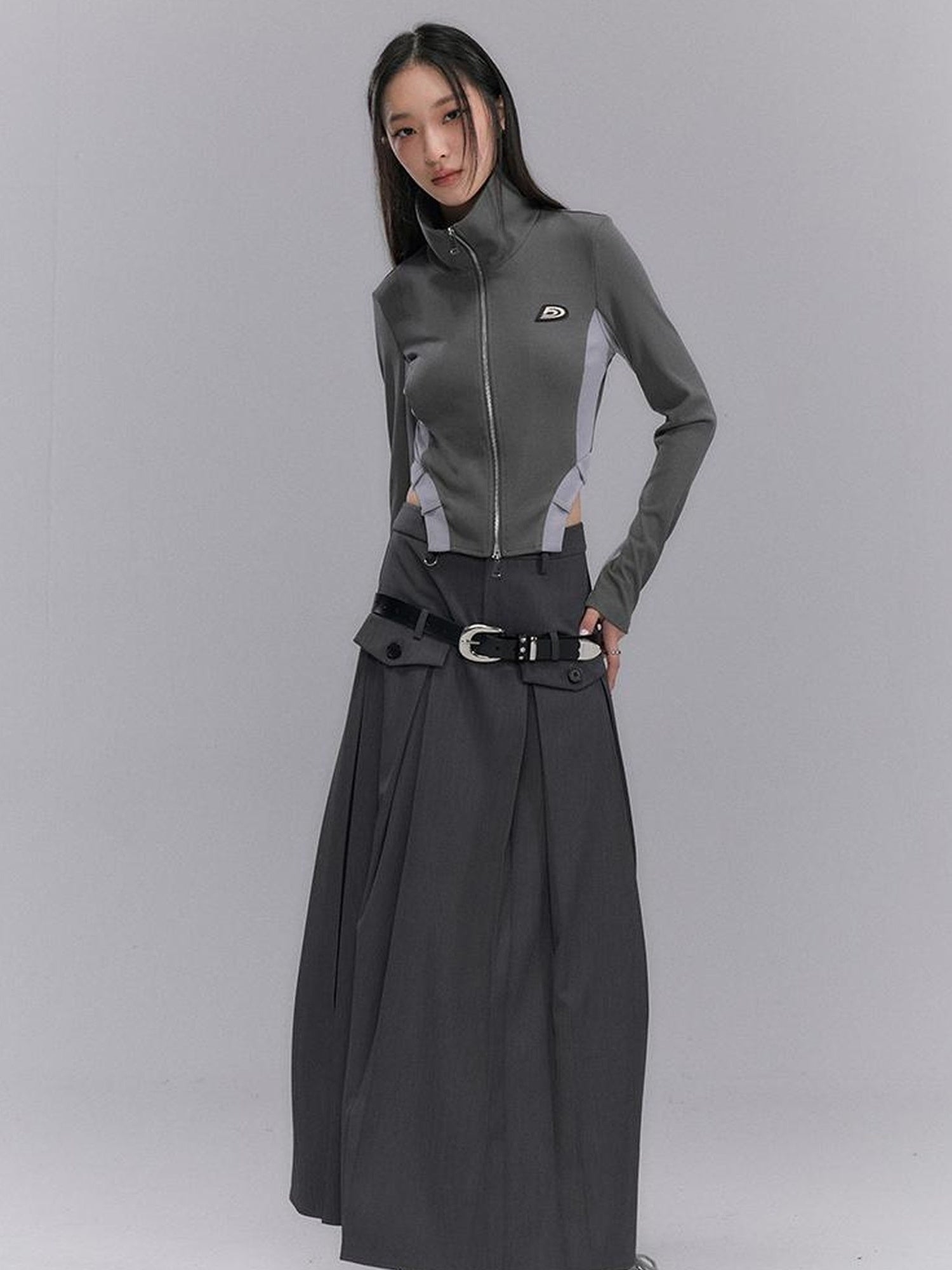 DIDDI MODA Retro Knit Zip Up Crop Top With Color Blocking