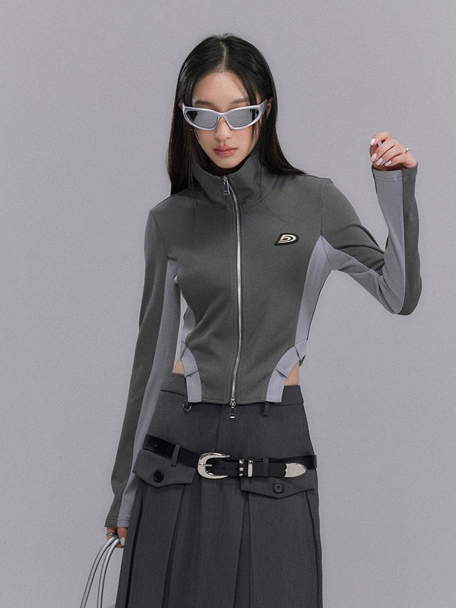 DIDDI MODA Retro Knit Zip Up Crop Top With Color Blocking