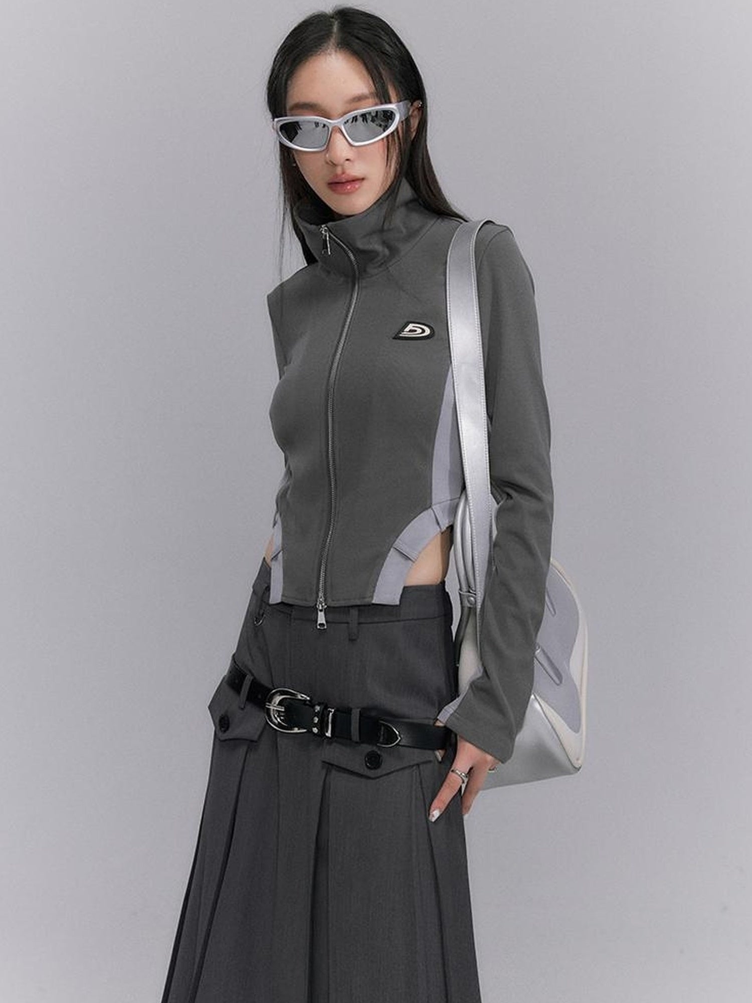 DIDDI MODA Retro Knit Zip Up Crop Top With Color Blocking