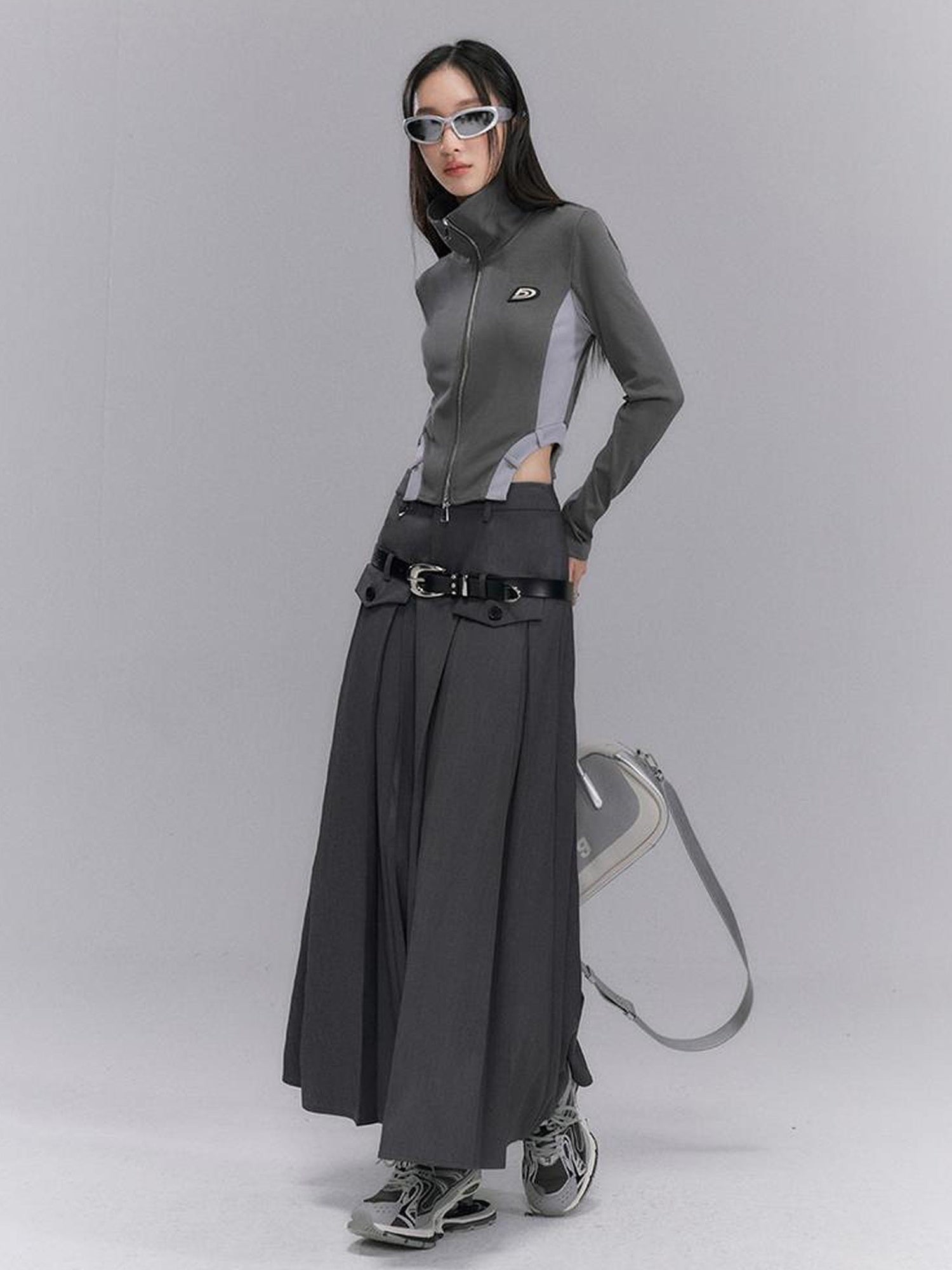 DIDDI MODA Retro Knit Zip Up Crop Top With Color Blocking