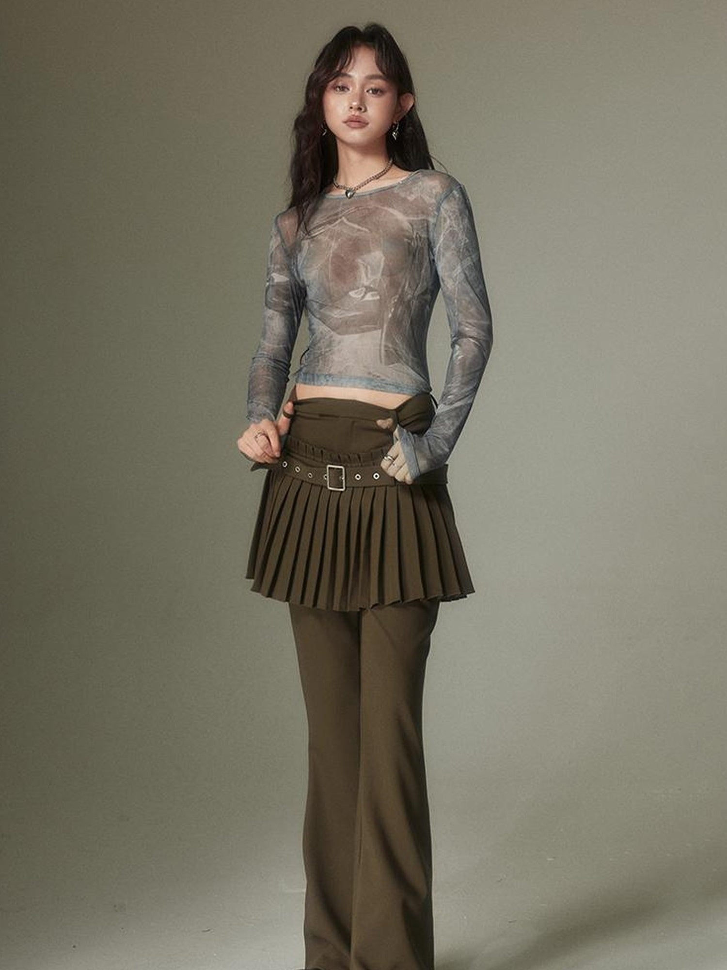 DIDDI MODA Retro Layering Pleat Culotte Belted Pants