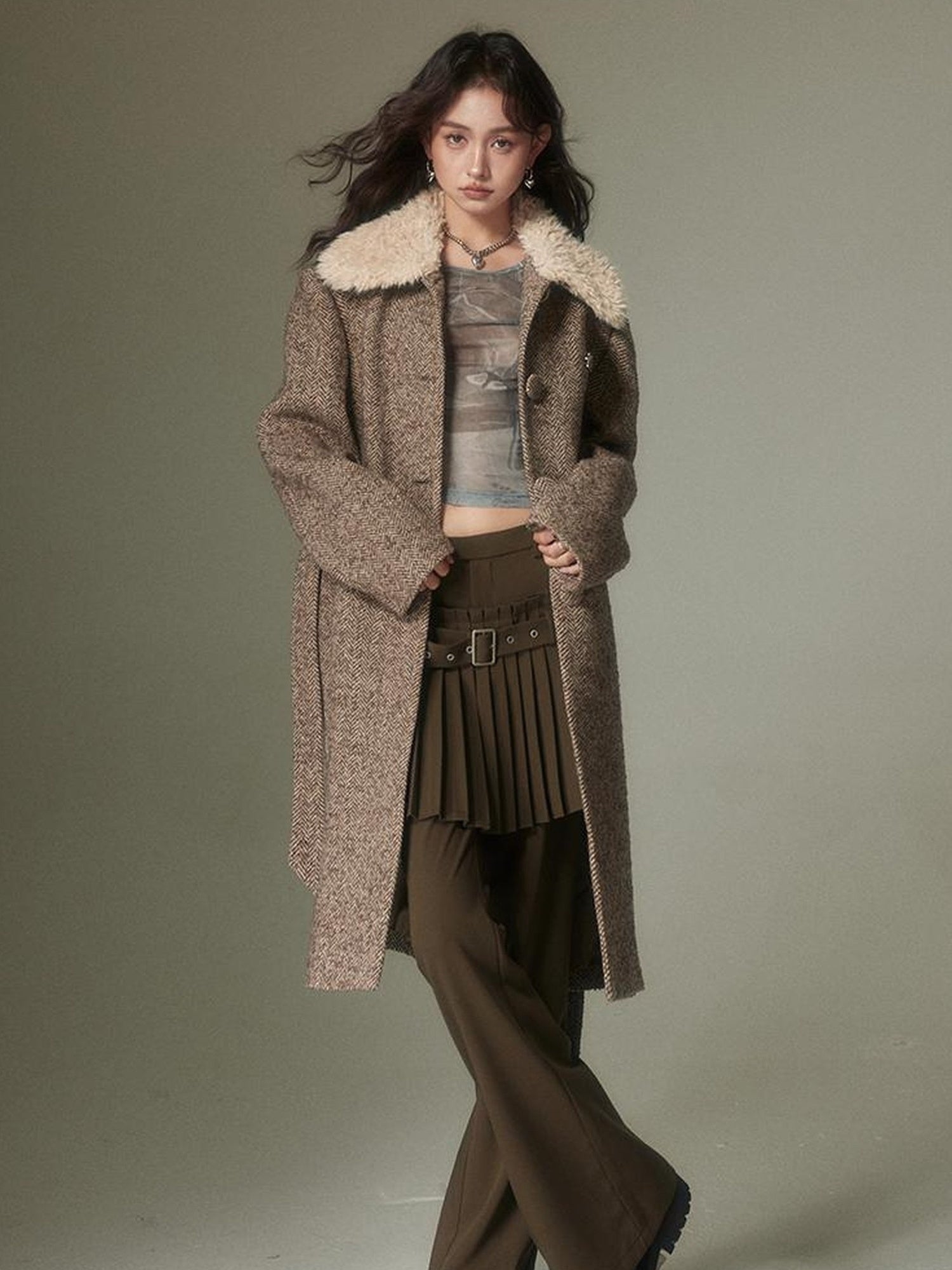 DIDDI MODA Retro Layering Pleat Culotte Belted Pants