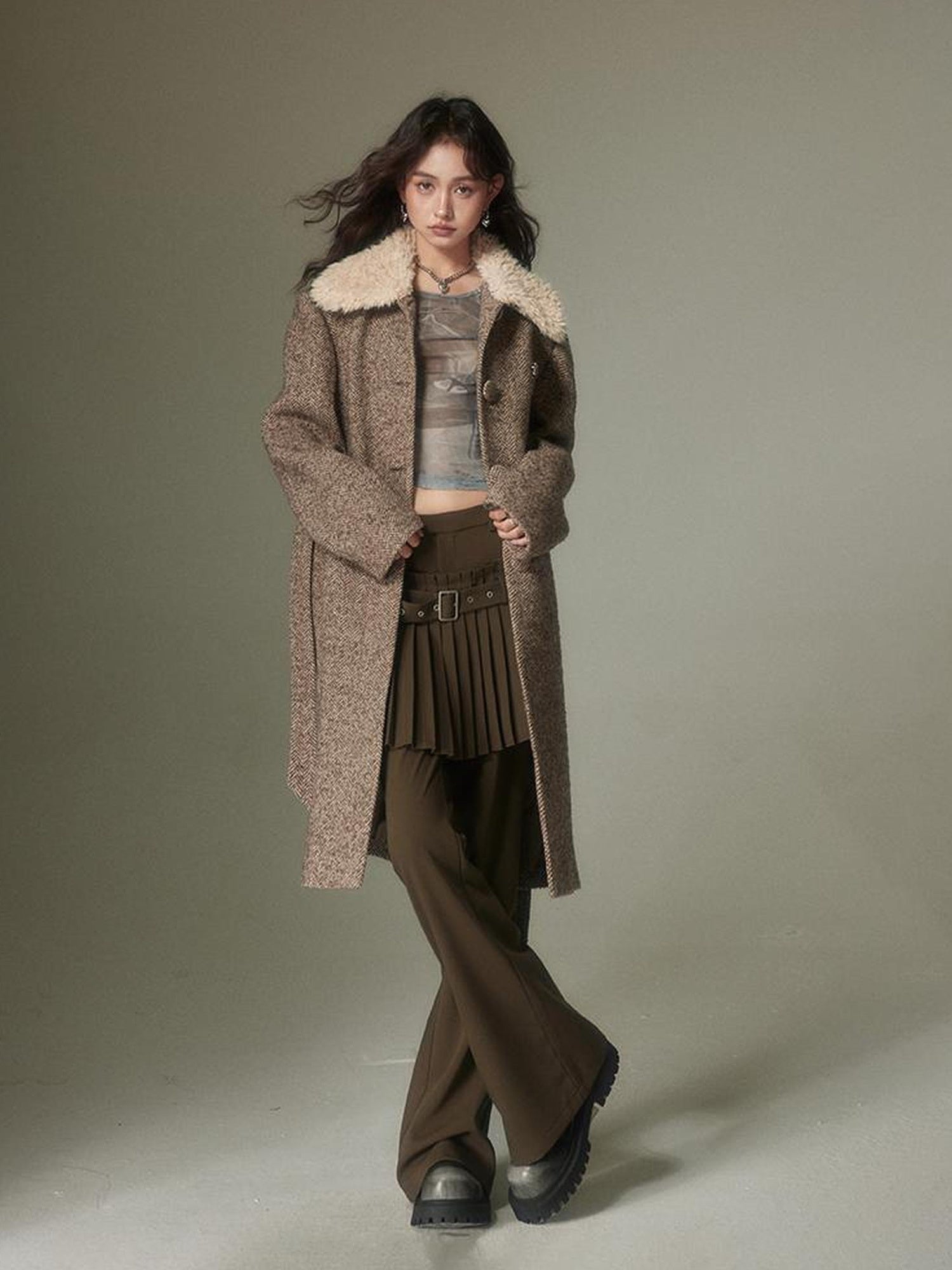 DIDDI MODA Retro Layering Pleat Culotte Belted Pants