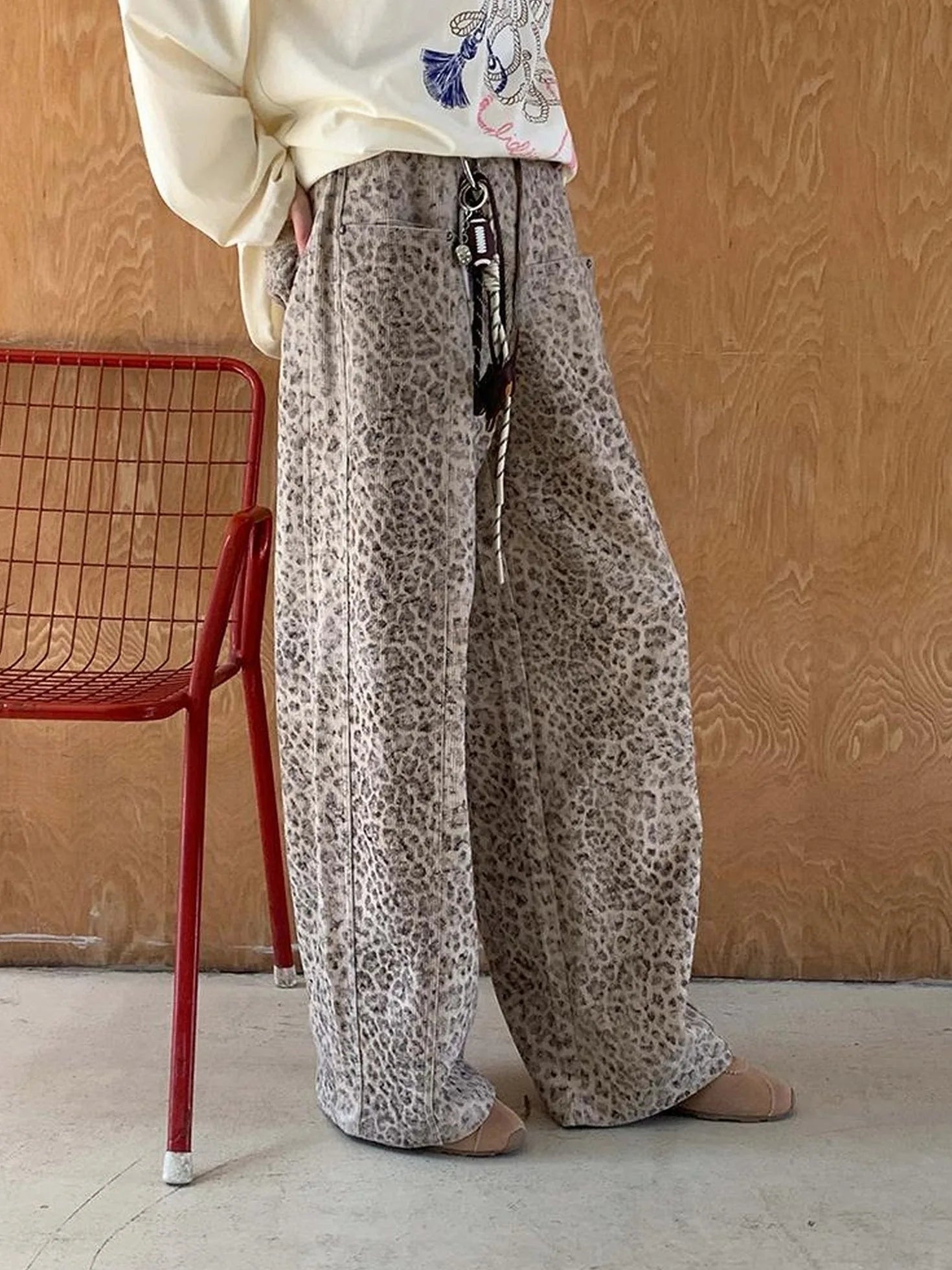 Retro Leopard Flare Pants With Split Detail
