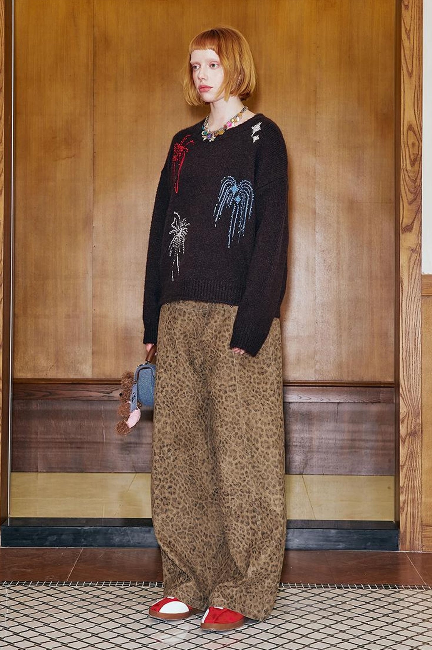 DIDDI MODA Retro Leopard Flare Pants With Split Detail