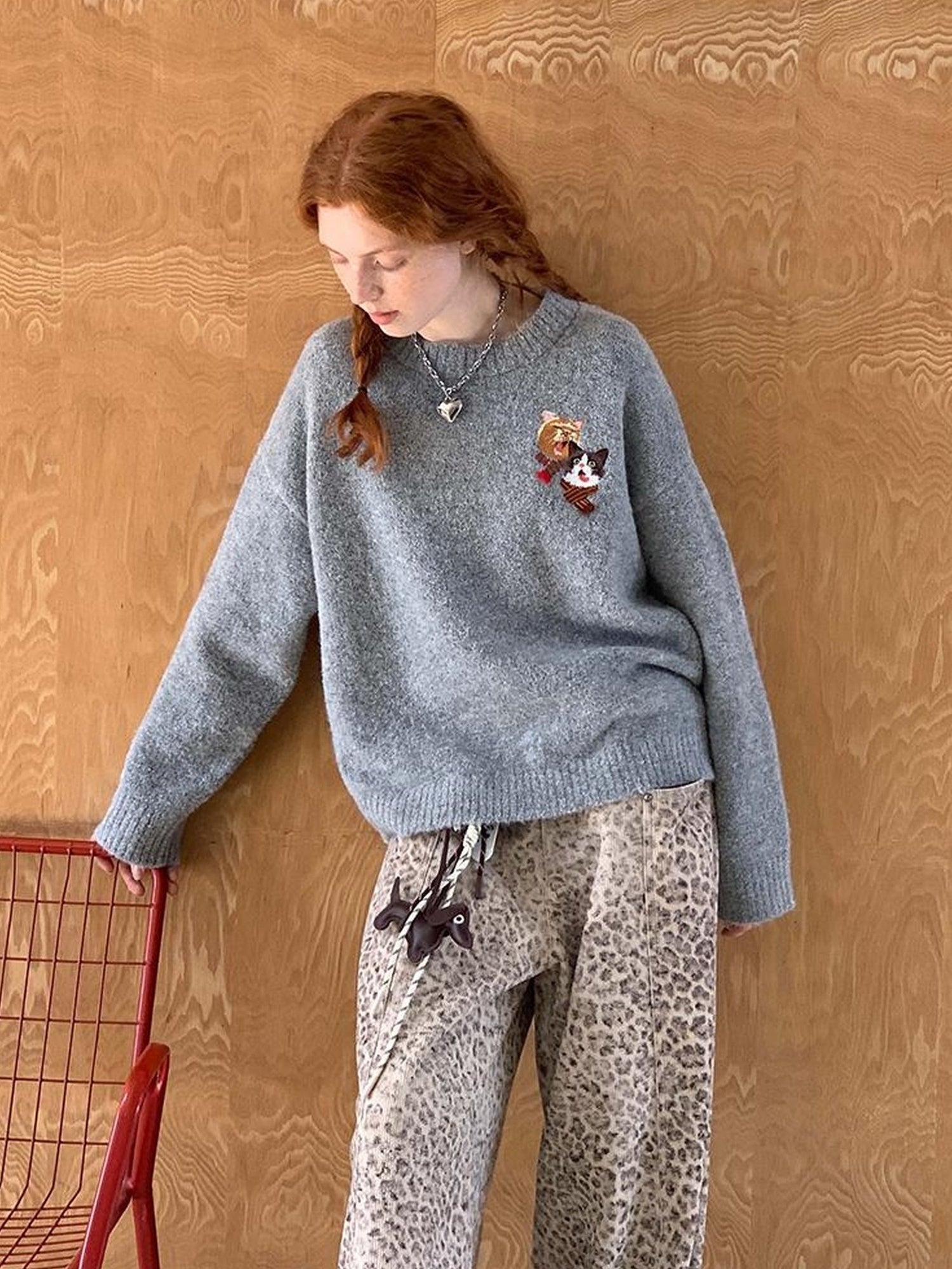 DIDDI MODA Retro Leopard Print Wide Leg Pants Bow Sweater Set