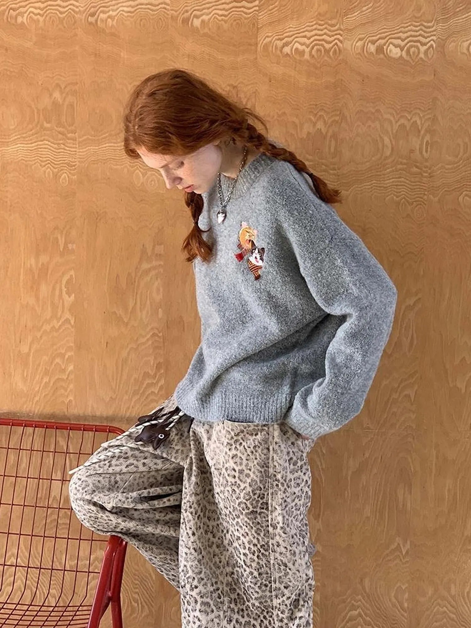 Retro Leopard Print Wide Leg Pants Bow Sweater Set