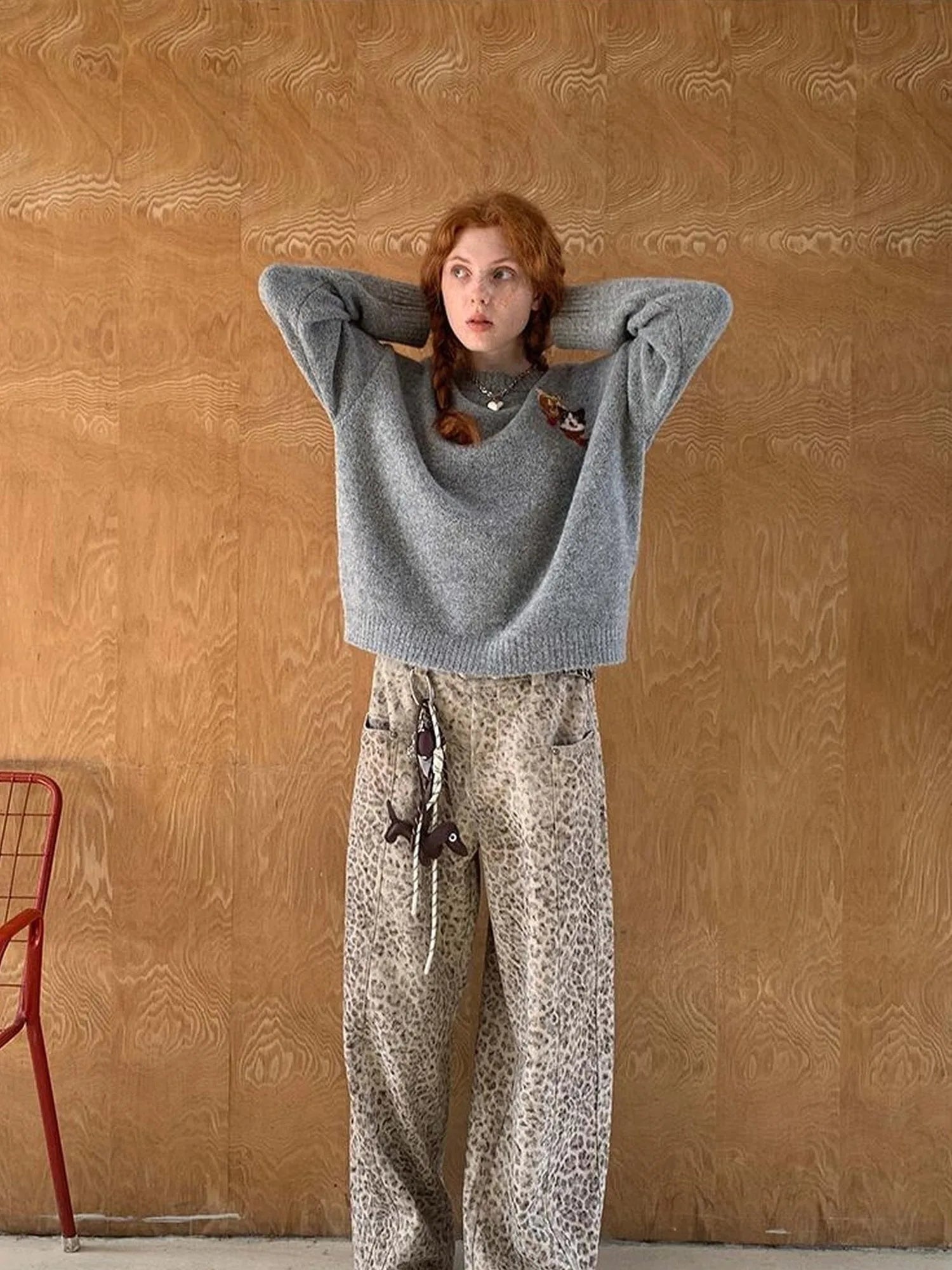 Retro Leopard Print Wide Leg Pants Bow Sweater Set