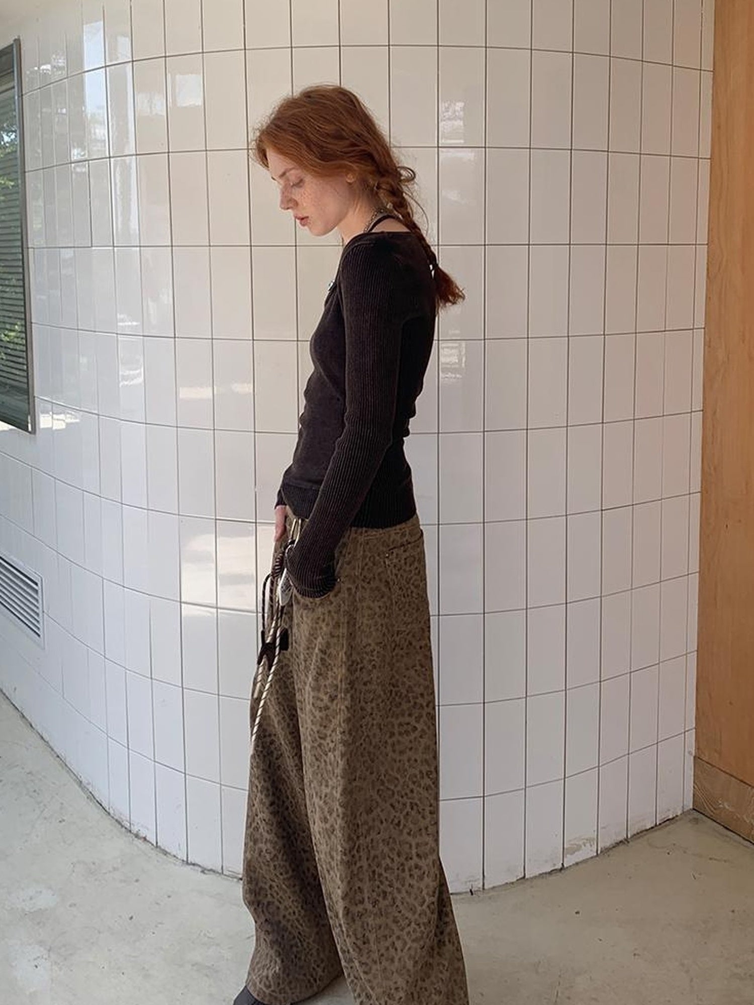 DIDDI MODA Retro Leopard Print Wide Leg Pants Bow Sweater Set